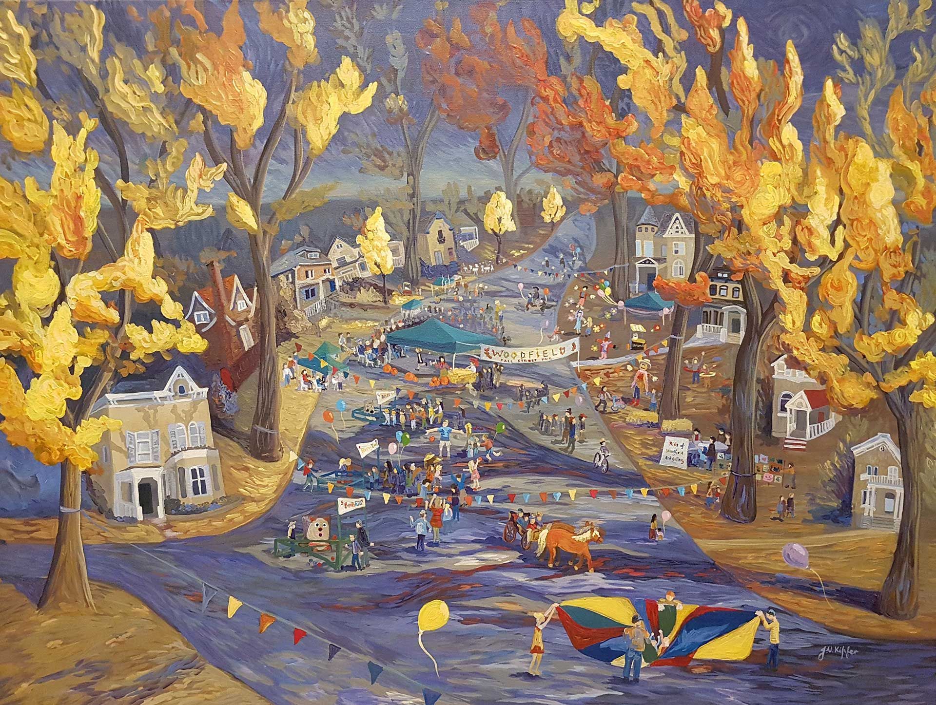 A painting of a street scene with a carnival in the background.