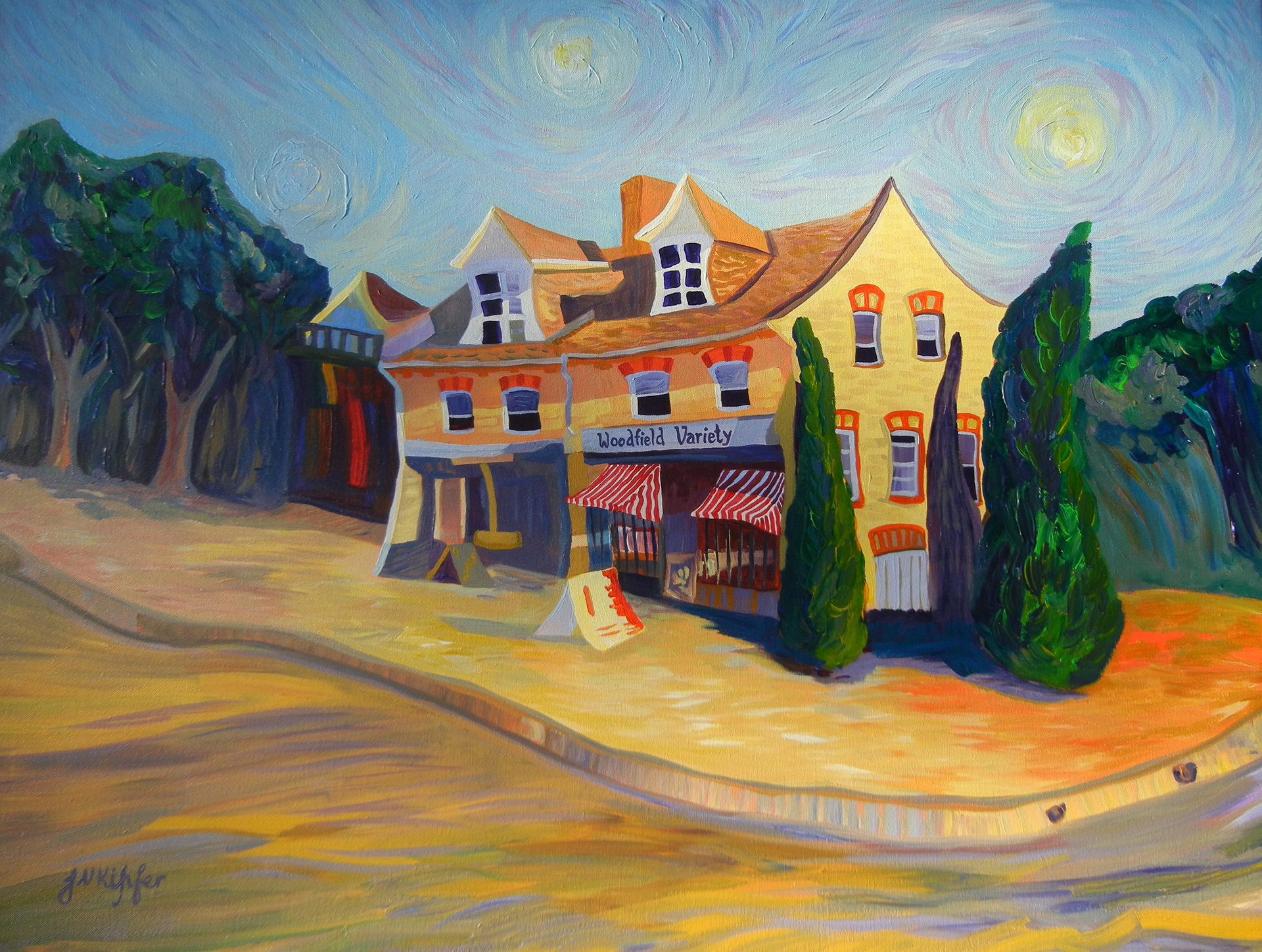 A painting of a house with a sign that says 'Woodfield Variety ' on it