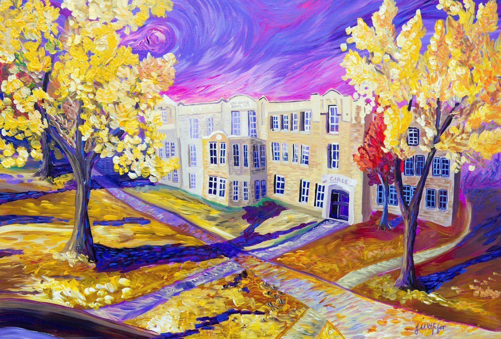 A painting of a Lord Roberts Public School with autumn trees in front of it