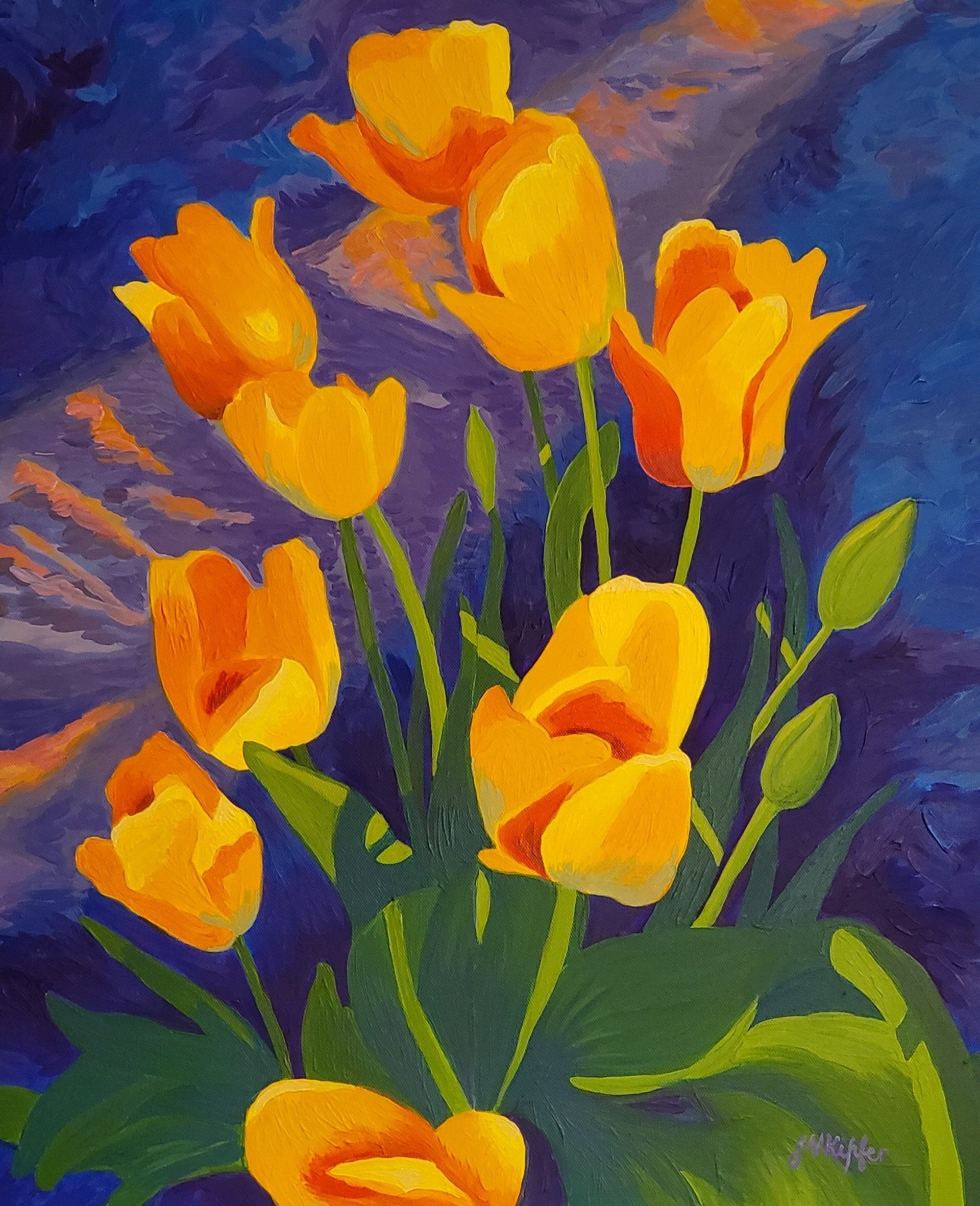 A painting of yellow flowers on a blue background
