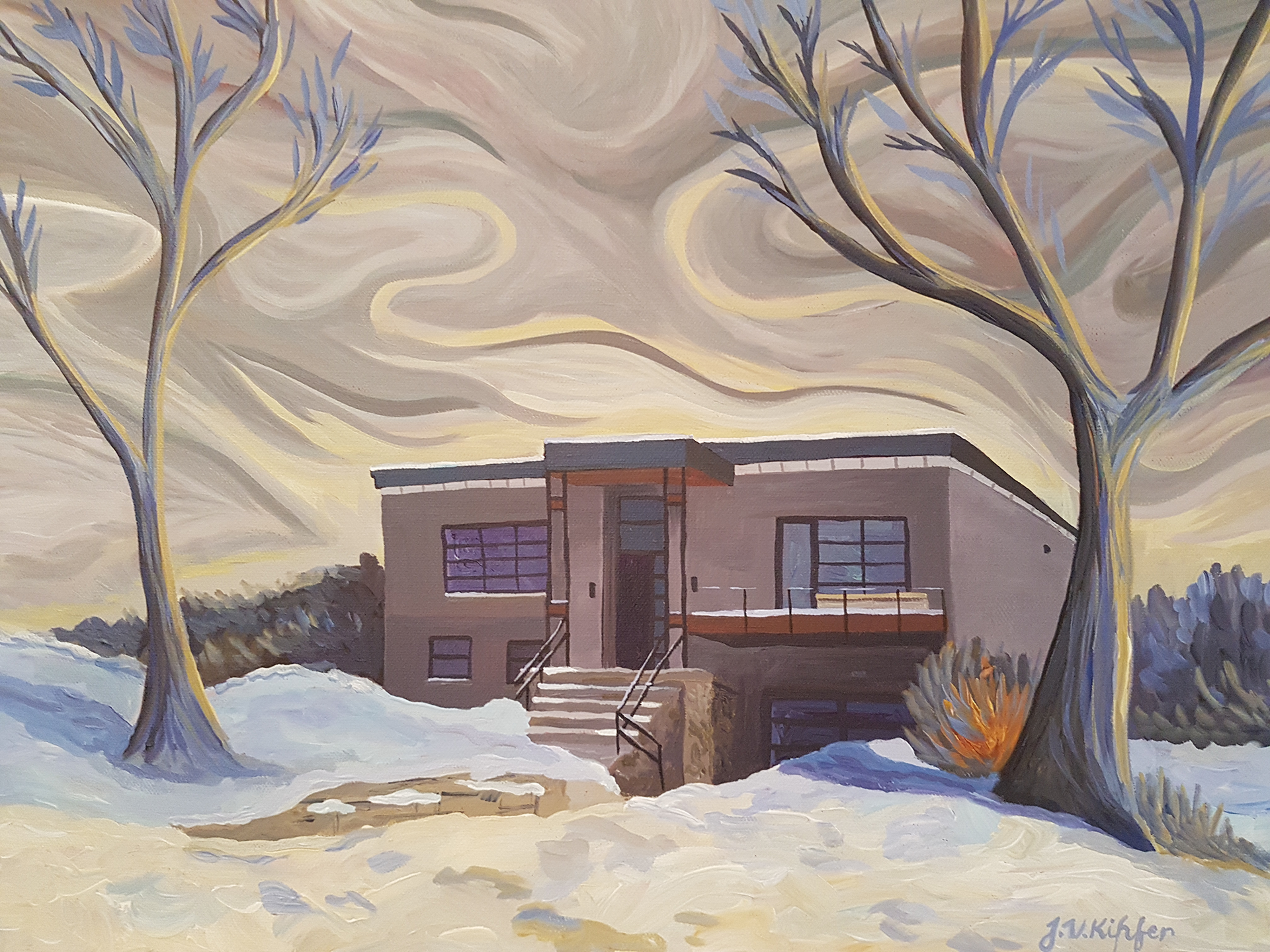 A painting of a house in the snow with trees in the foreground