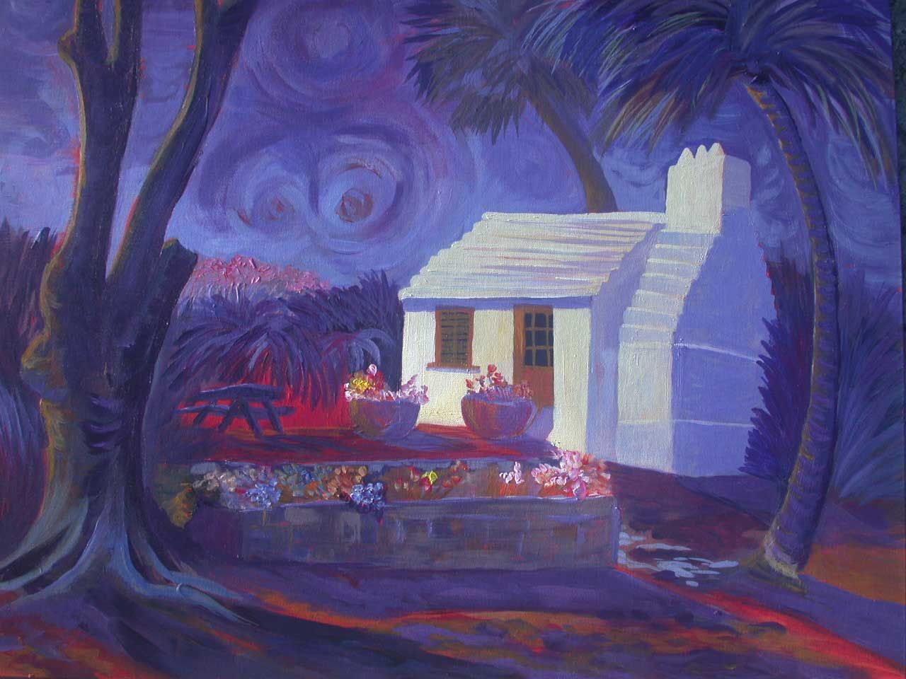 A painting of a white house