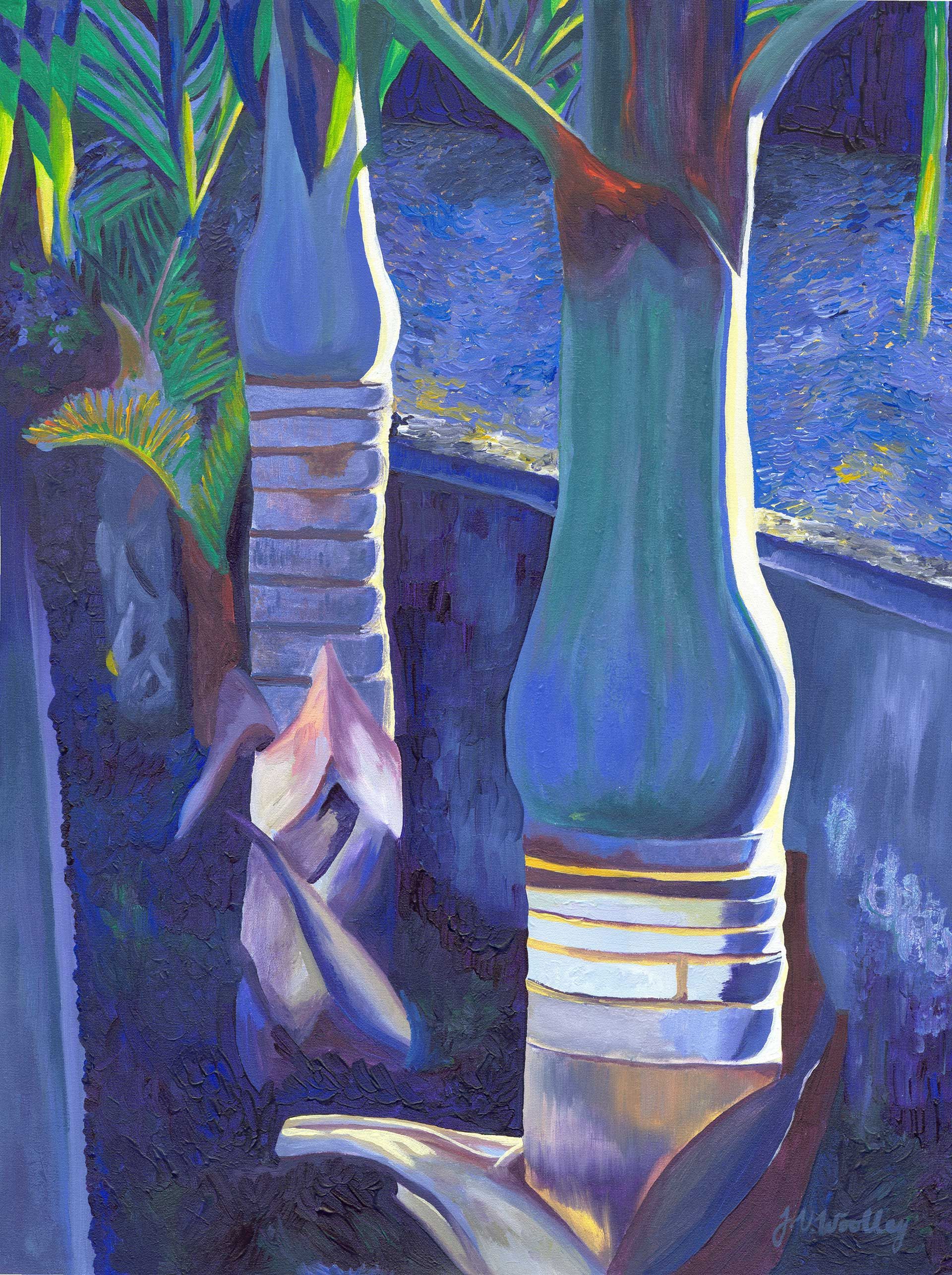 A painting of a palm tree with a blue sky in the background