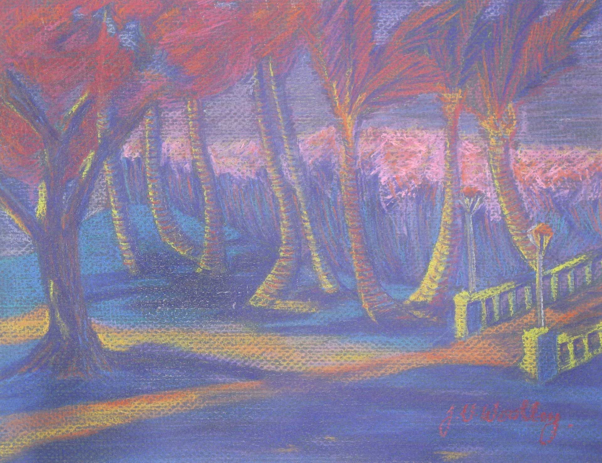 A painting of a park with trees and a bridge
