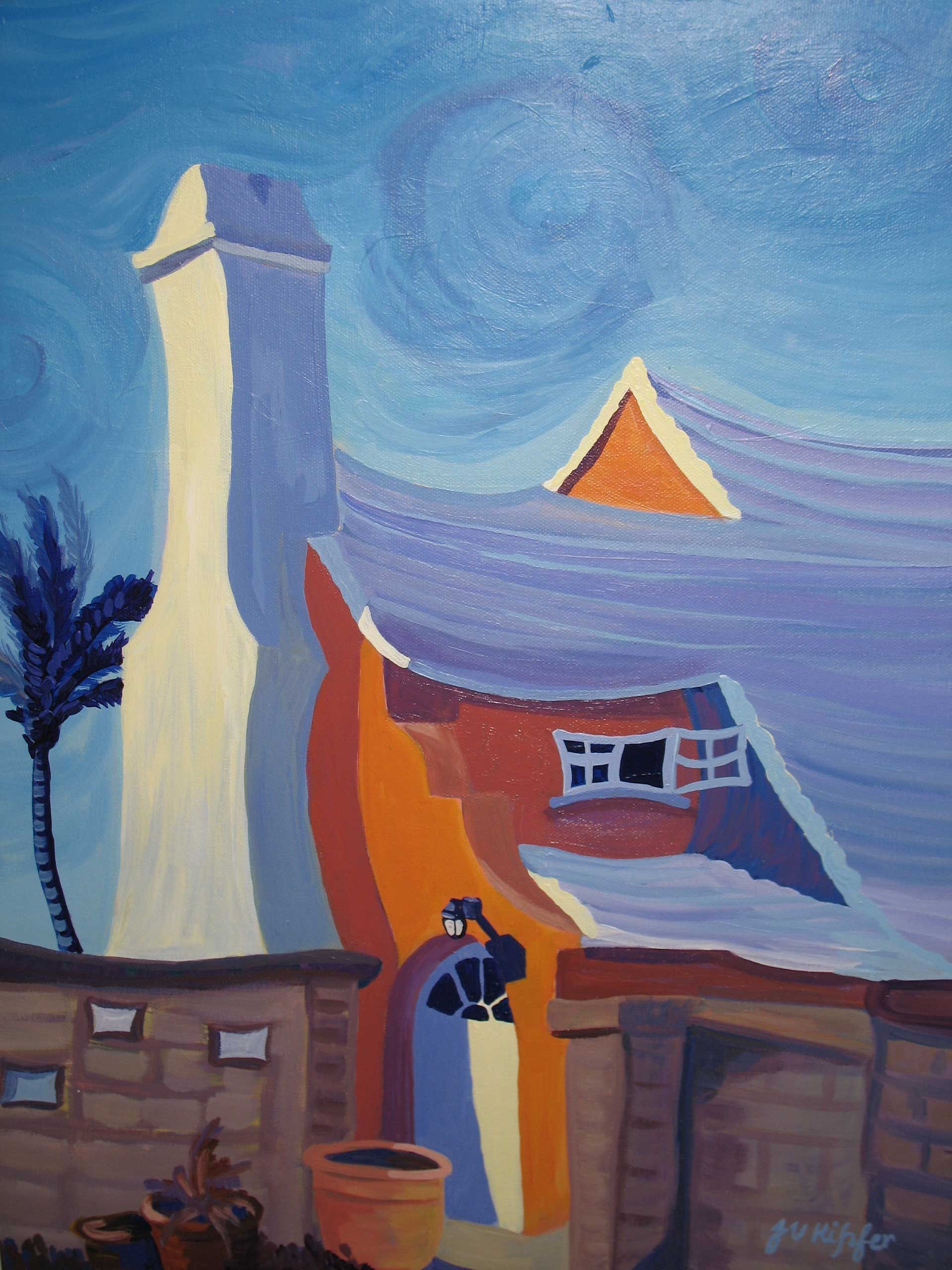 A painting of a house with a palm tree in the background