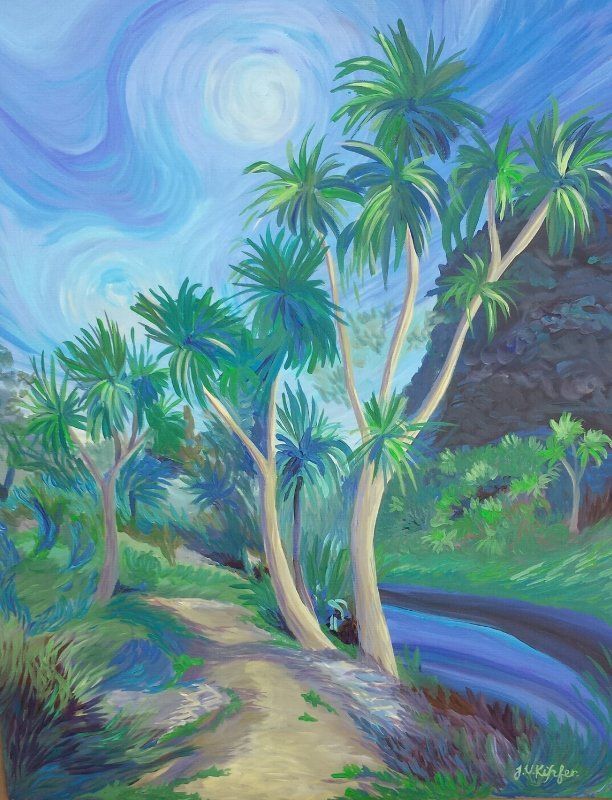 A painting of a path surrounded by cabbage trees and a river.