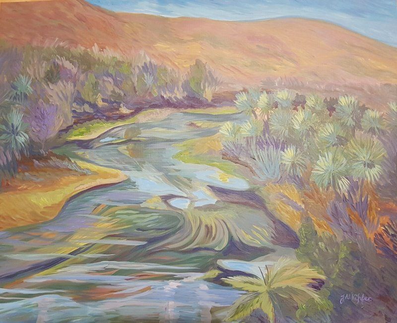 A painting of a river flowing through a New Zealand landscape with grassy hills in the background.