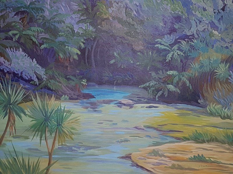 It is a painting of a river in the jungle surrounded by trees.