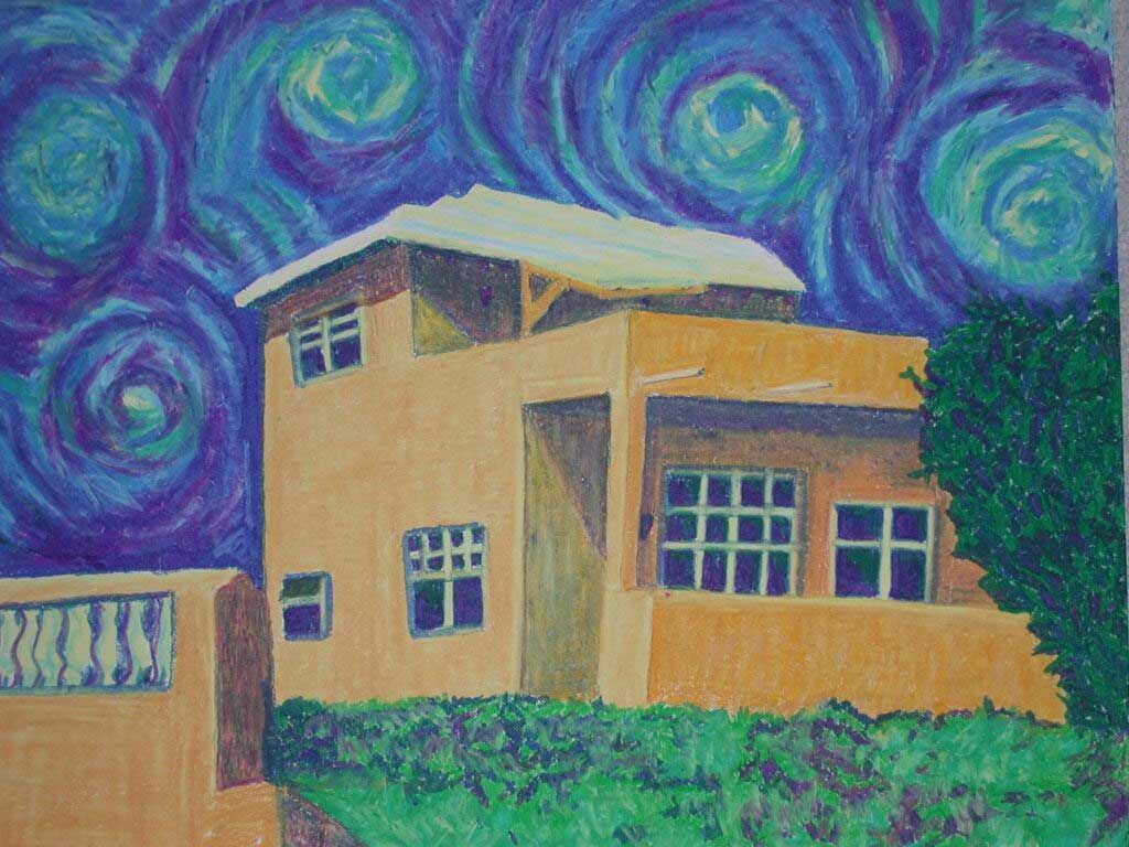 A painting of a house under a starry night sky