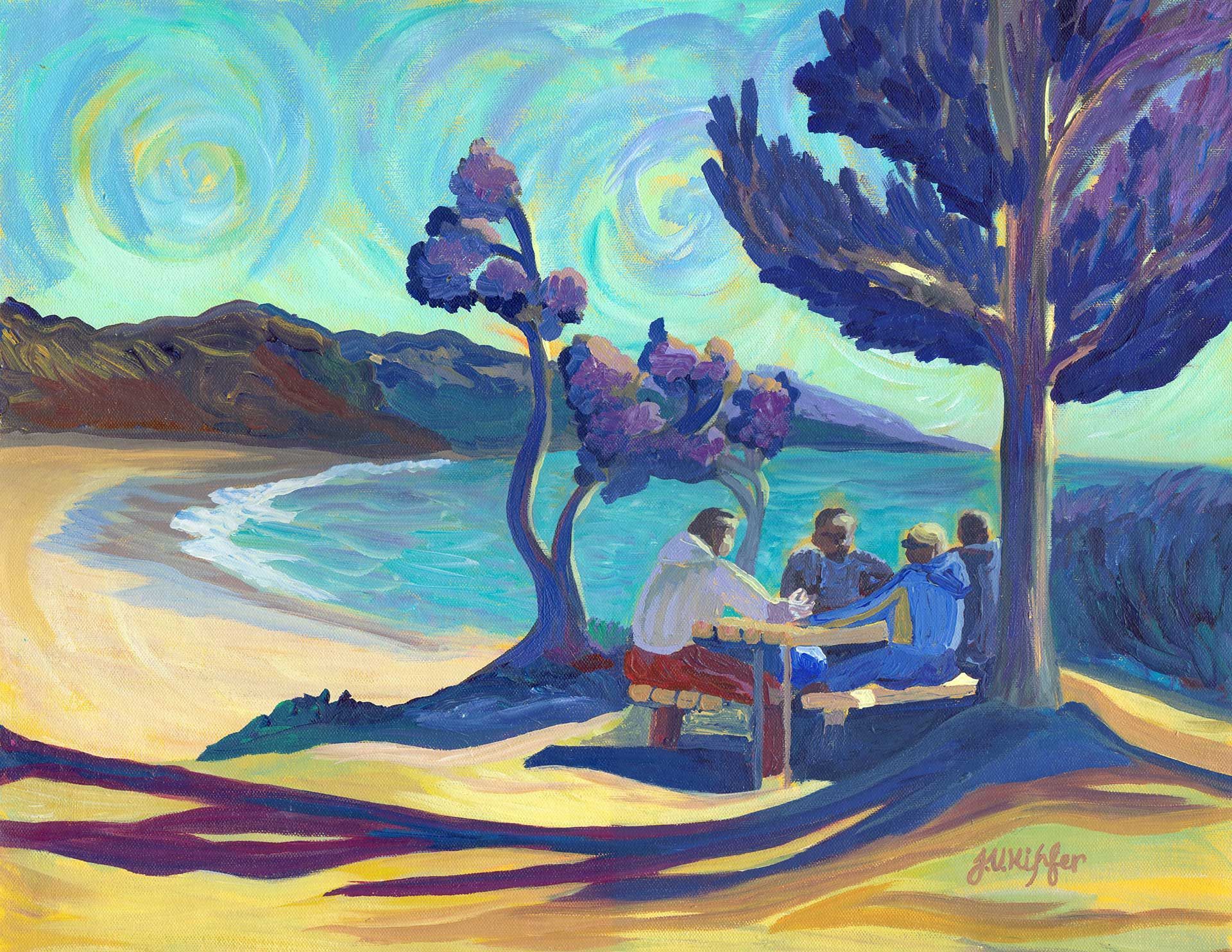 A painting of a group of people sitting at a picnic table on a beach.