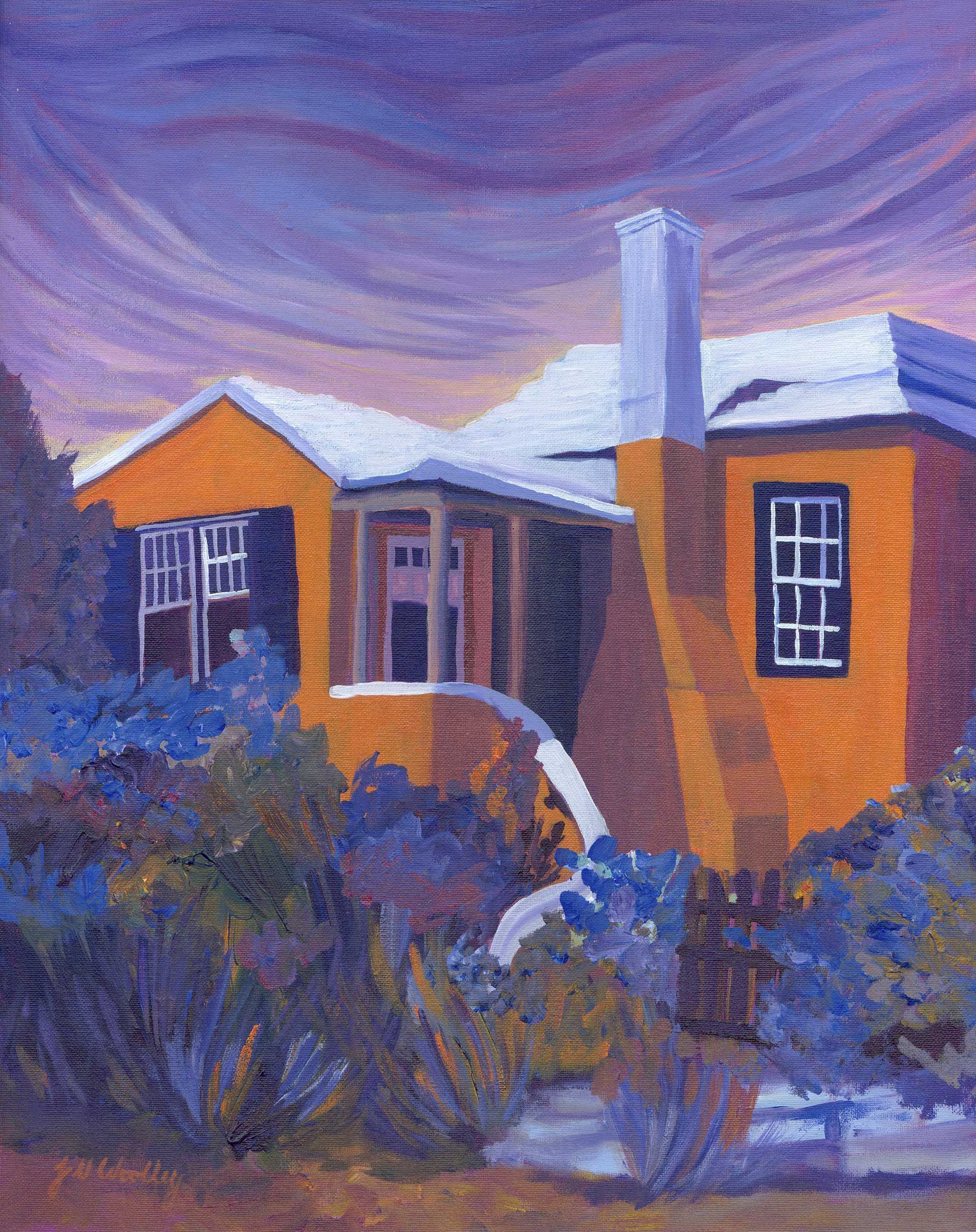 A painting of a yellow house with a purple sky in the background.