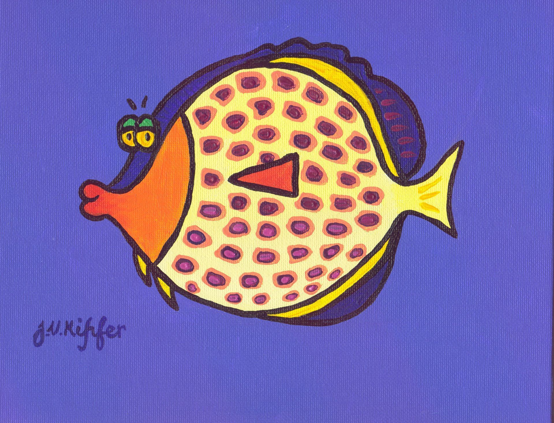 Cartoon of a yellow and purple fish with a red triangle and polka dots, swimming in a blue sea.