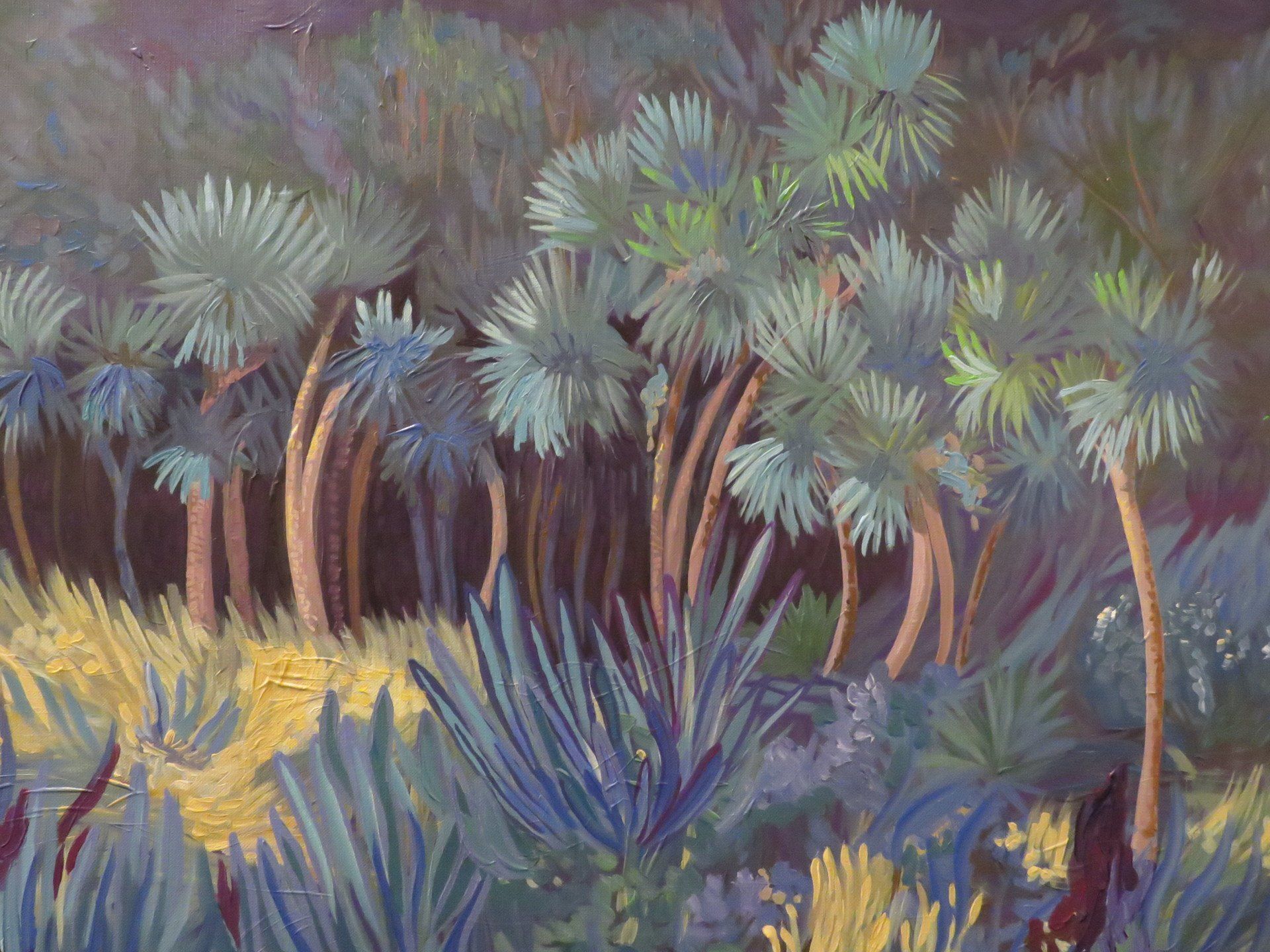 A painting of a forest with cabbage trees and plants