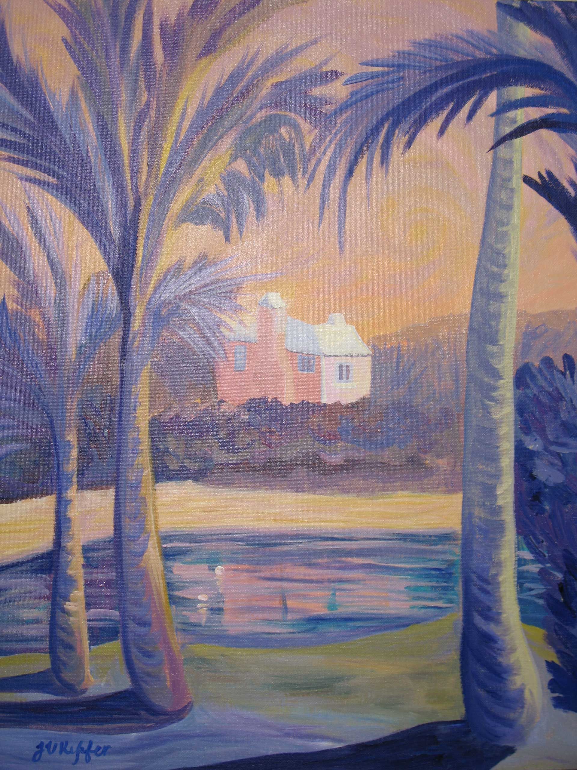 A painting of palm trees with a house in the background