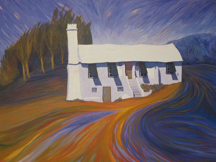 White building with chimney on a hill, swirling orange and blue landscape.