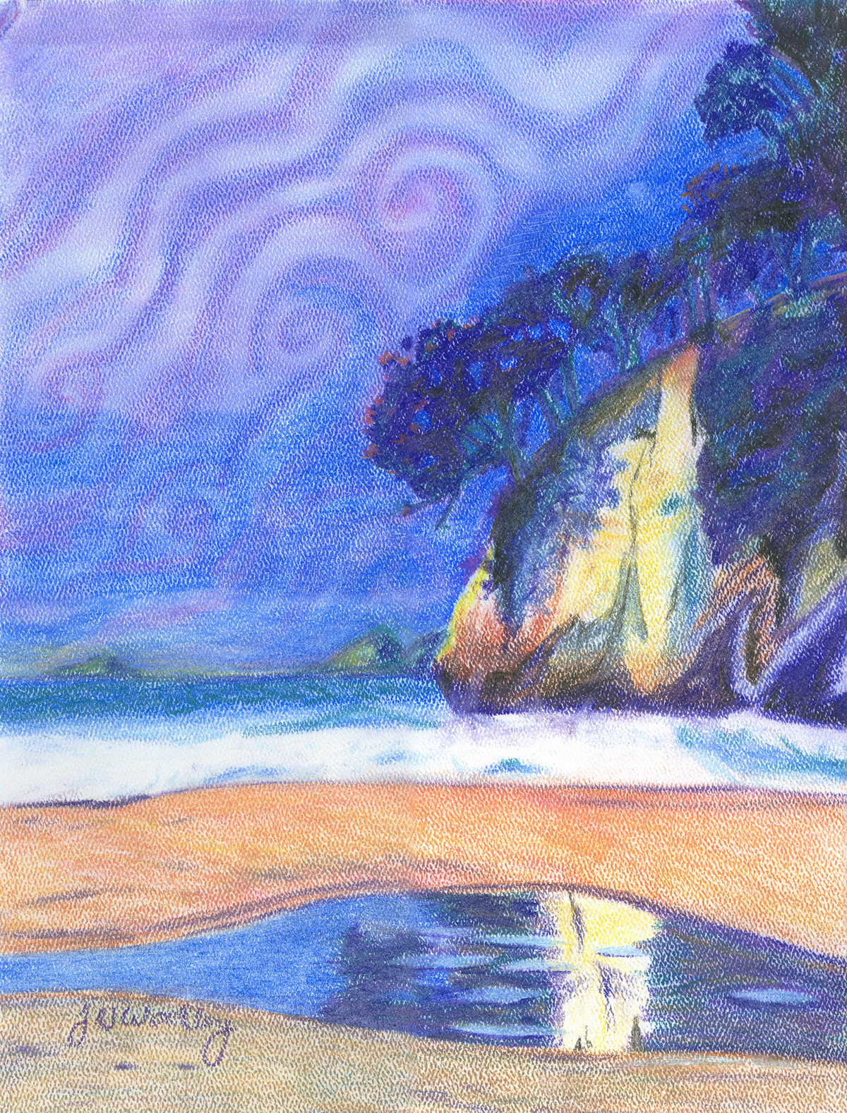 A painting of a beach with a cliff in the background