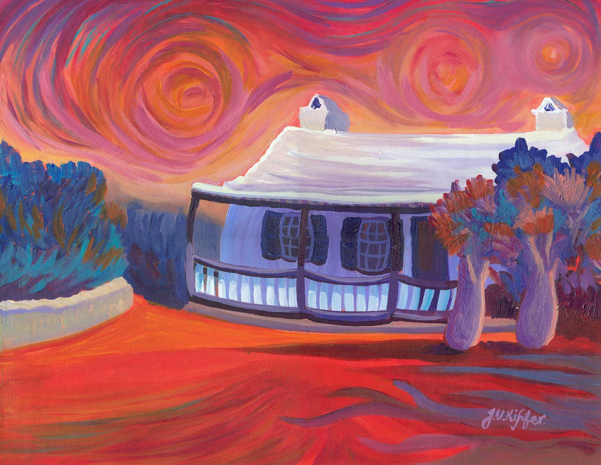 A painting of a white house with a porch and trees.