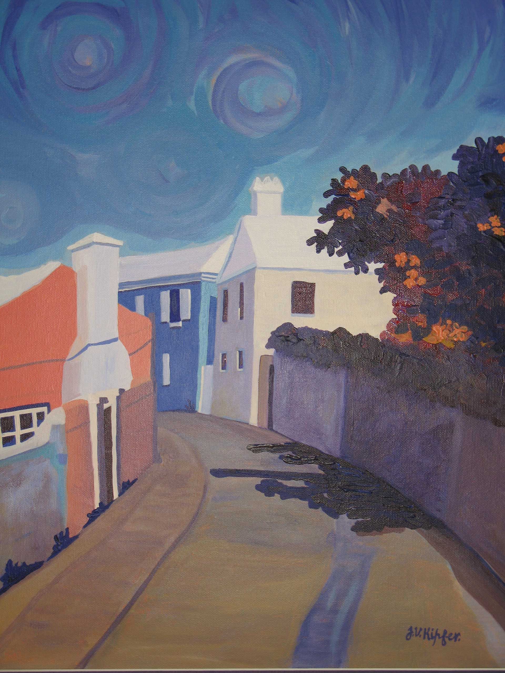 A painting of a narrow street with houses and trees