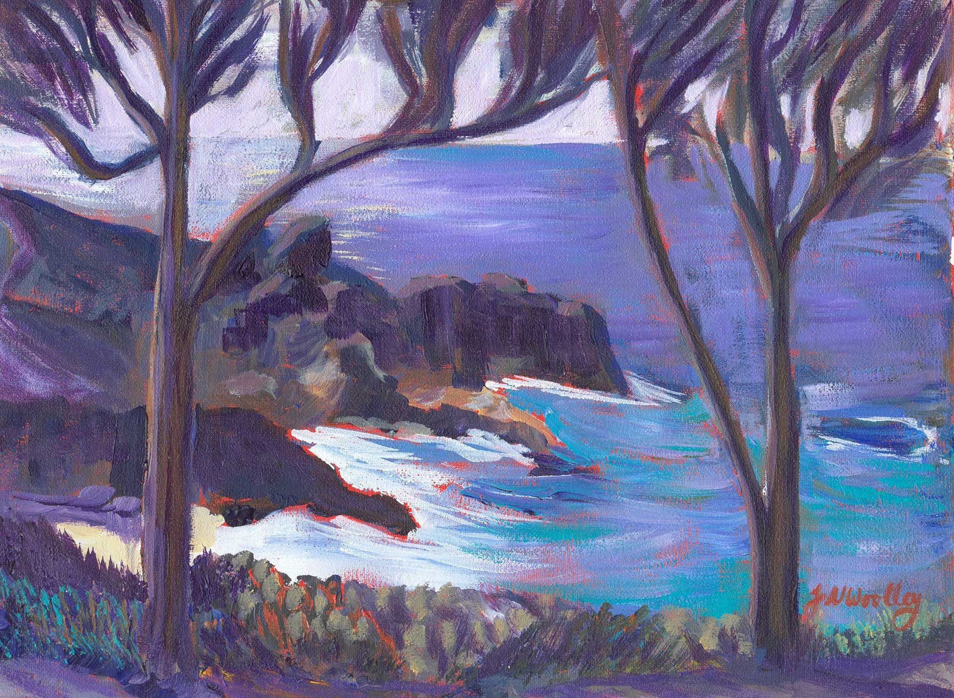 A painting of a cliff overlooking the ocean with trees in the foreground