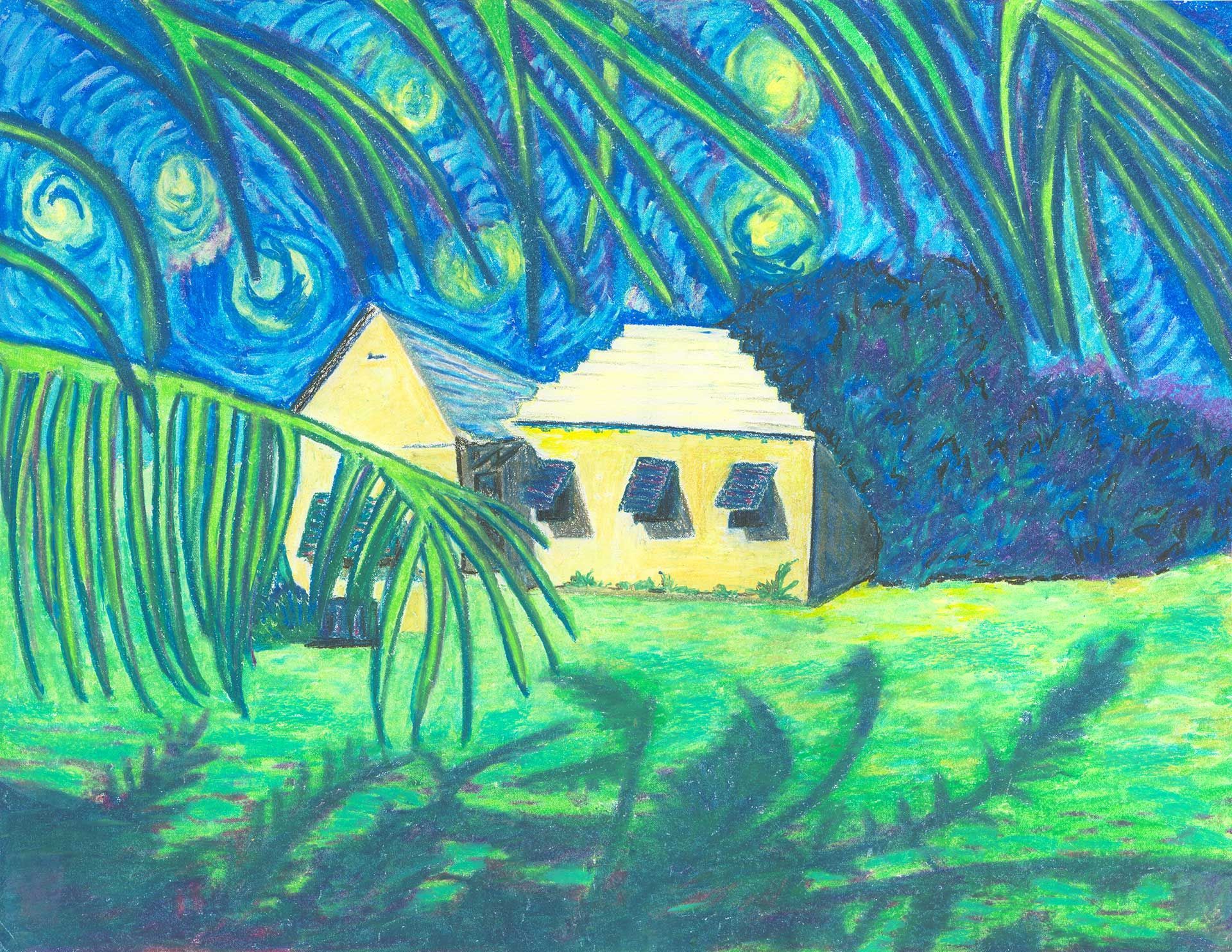 A painting of a house with palm trees in the foreground