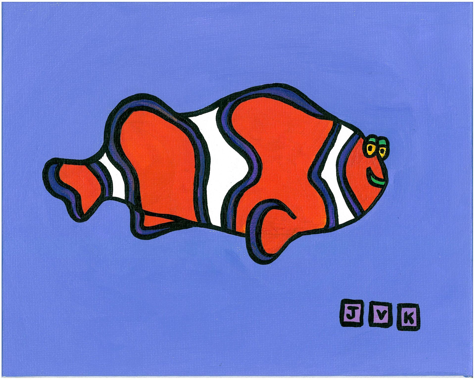 Cartoon clownfish with orange and white stripes, outlined in blue, on a blue background. The fish has a smiling face.