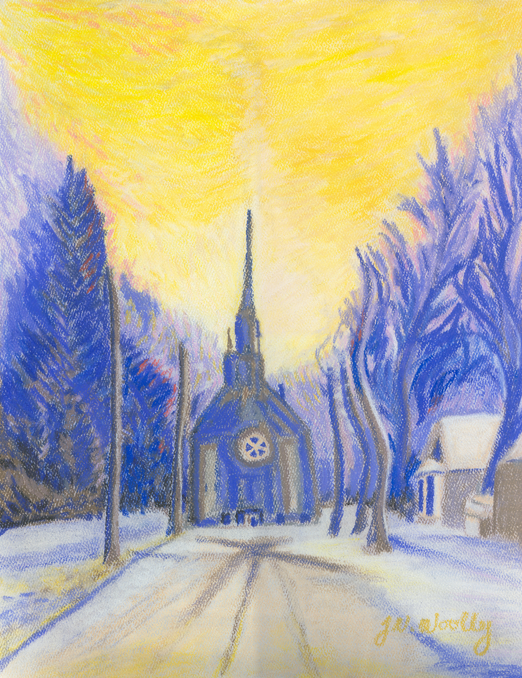 A painting of a church in the snow with a yellow sky in the background