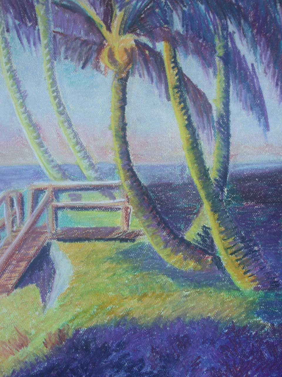 A painting of stairs to the water surrounded by palm trees.