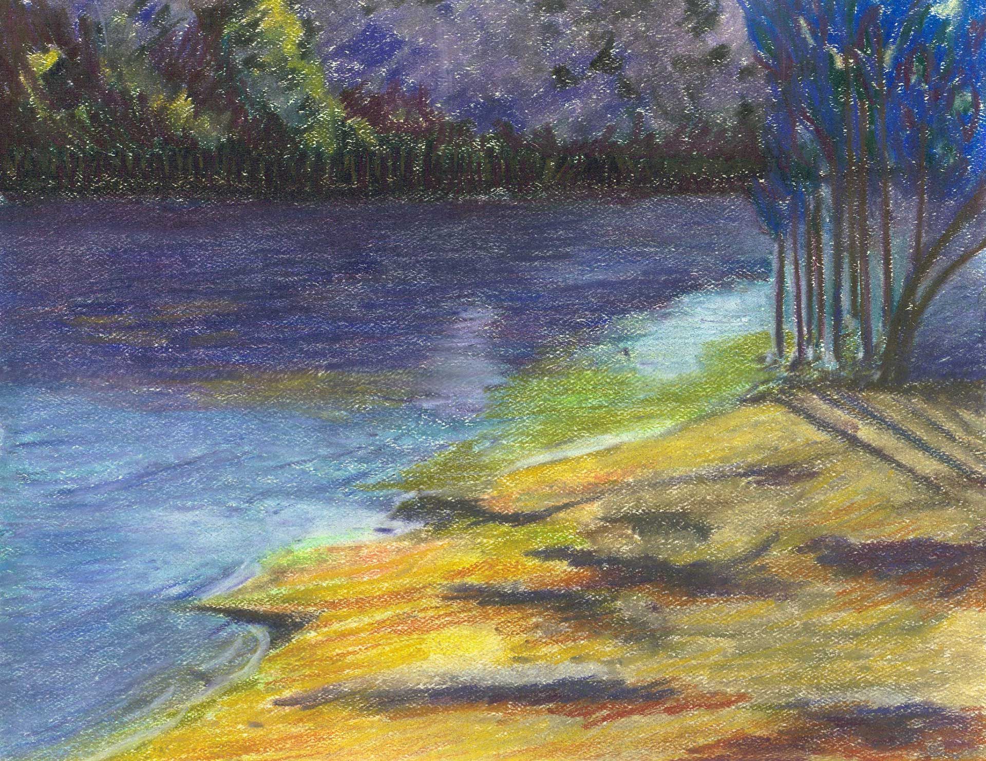 A painting of a lake with trees on the shore