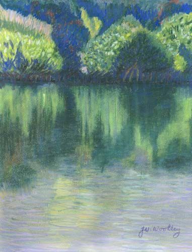 It is a painting of a lake with trees in the background.