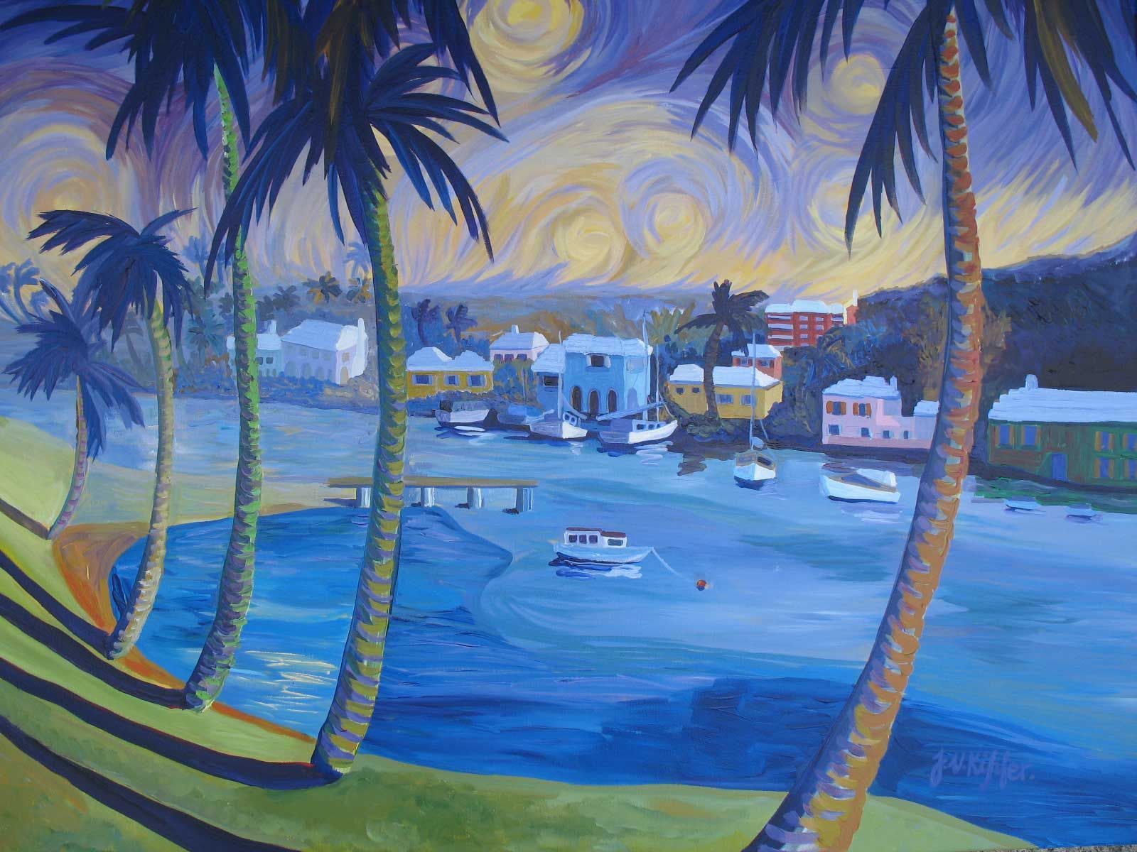 A painting of a harbor with palm trees and boats
