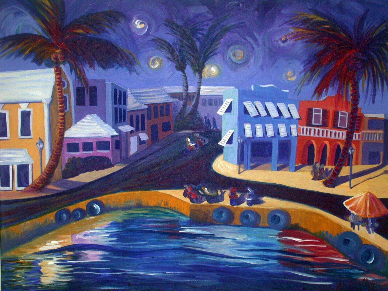 A painting of a city by a body of water