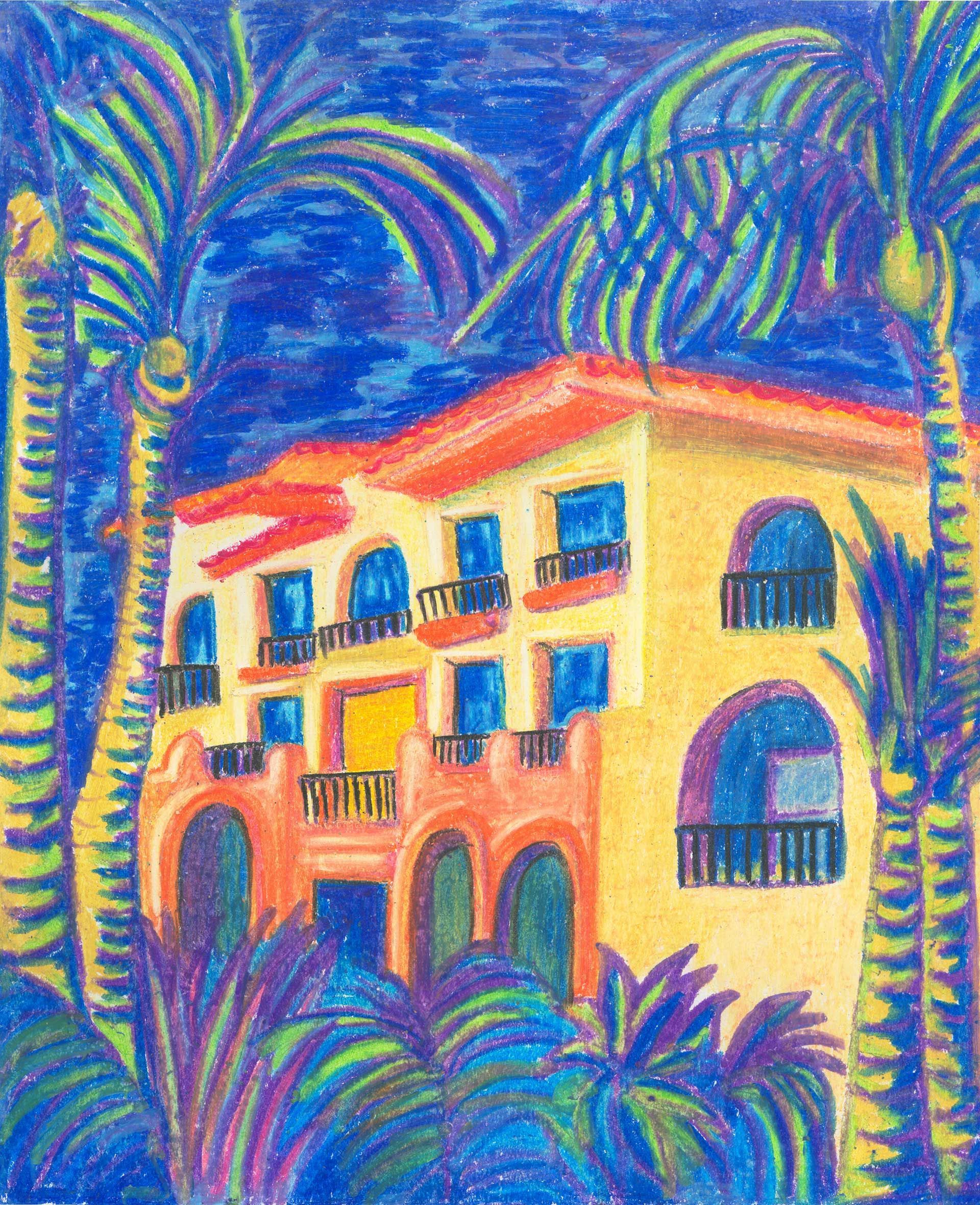 A colorful painting of a hotel surrounded by palm trees.