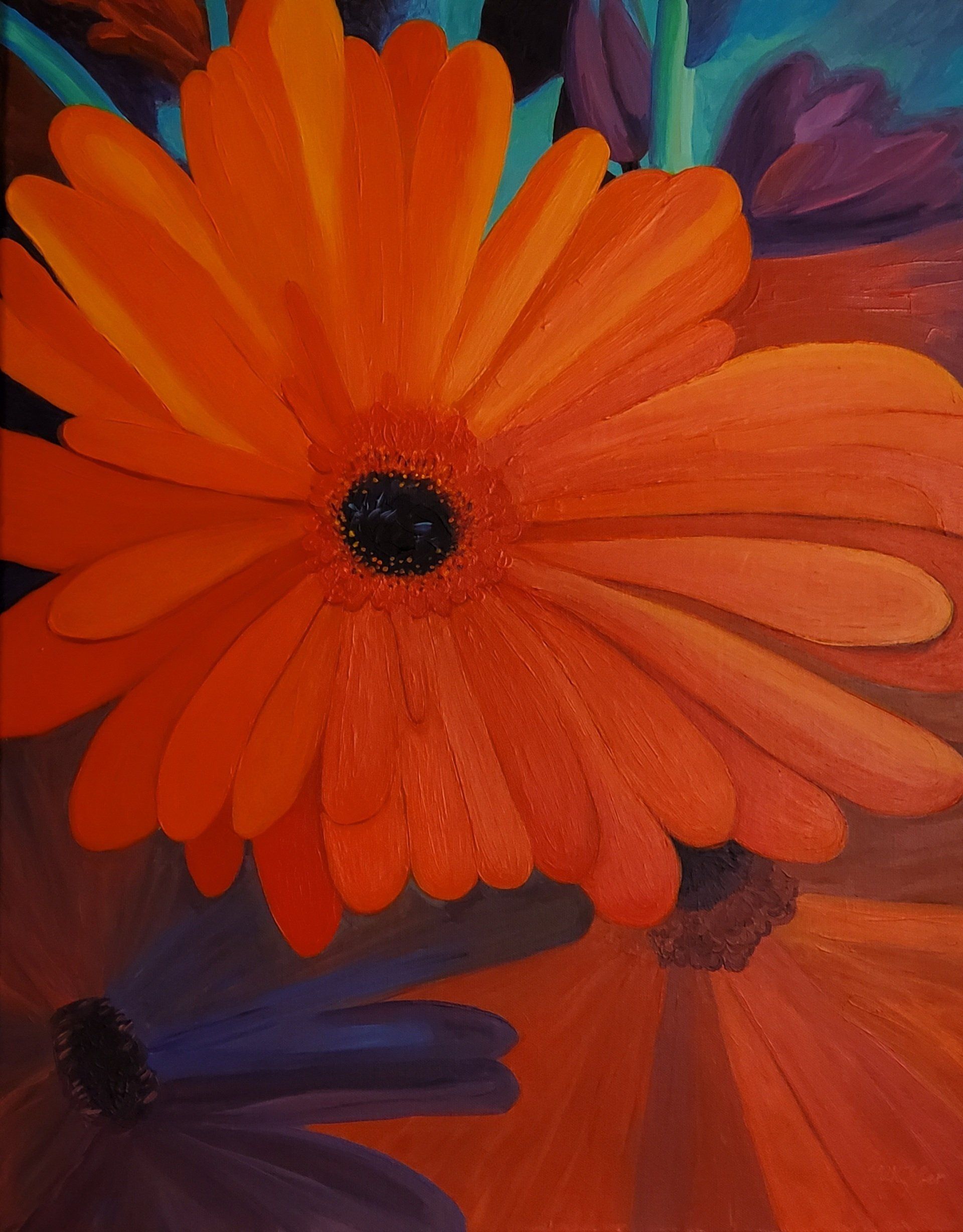 A close up of an orange flower in a painting