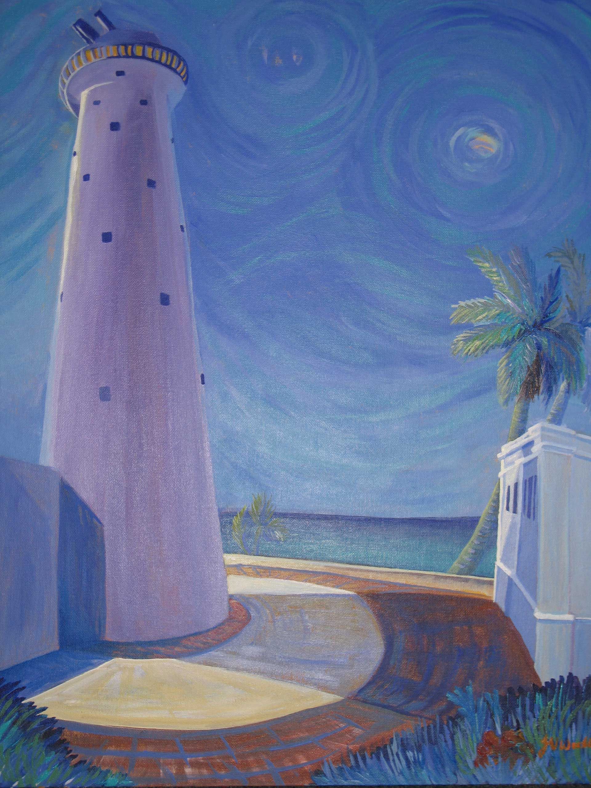 A painting of a lighthouse with a palm tree in the foreground.