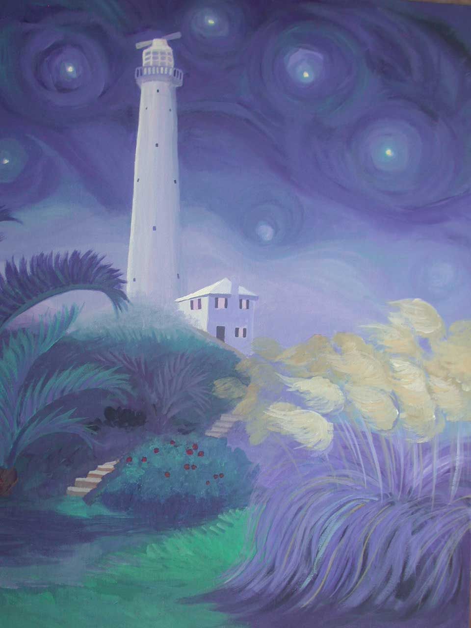 A painting of a lighthouse in the middle of a field at night.
