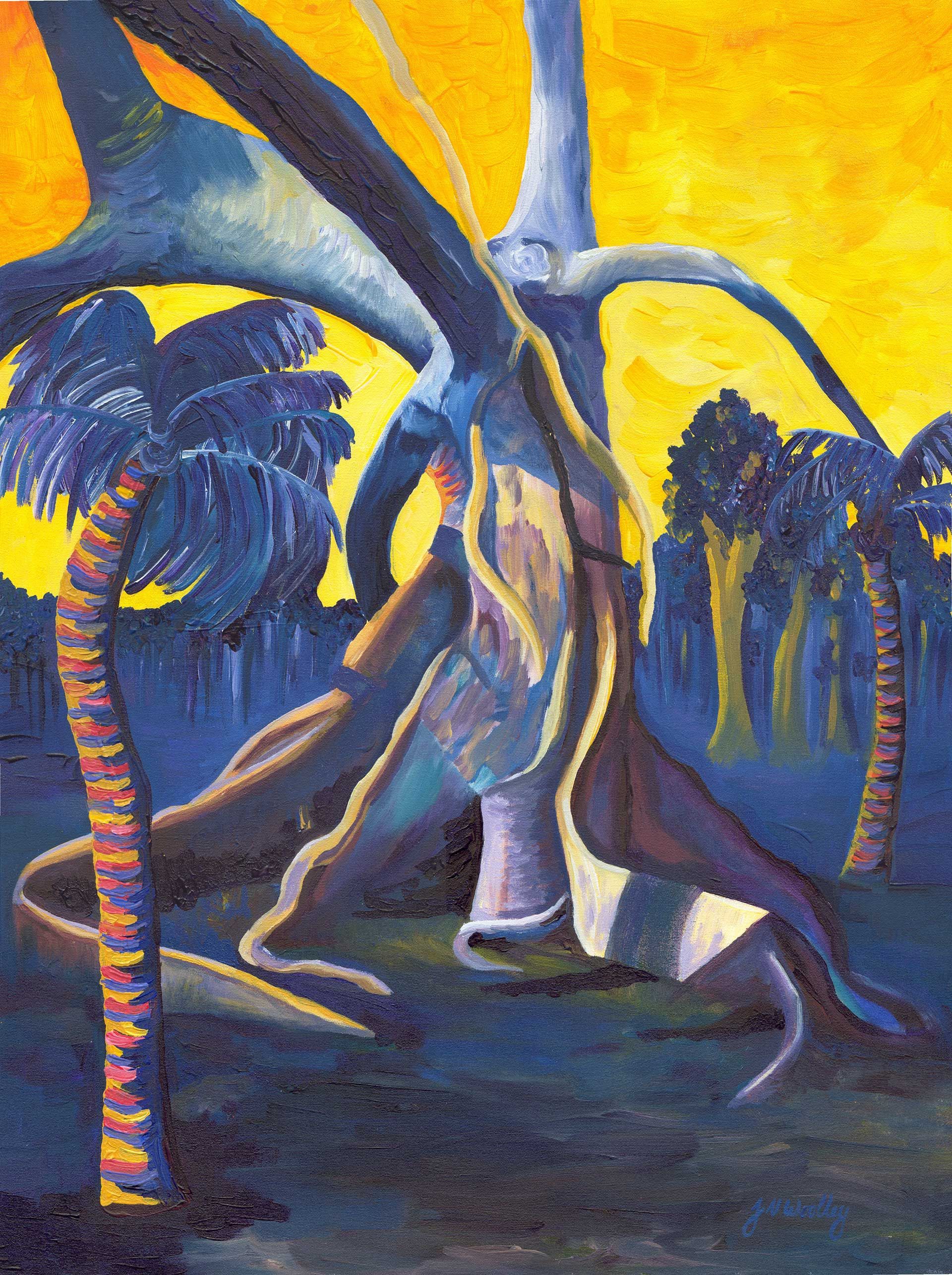 A painting of a gnarly tree with a sunset in the background