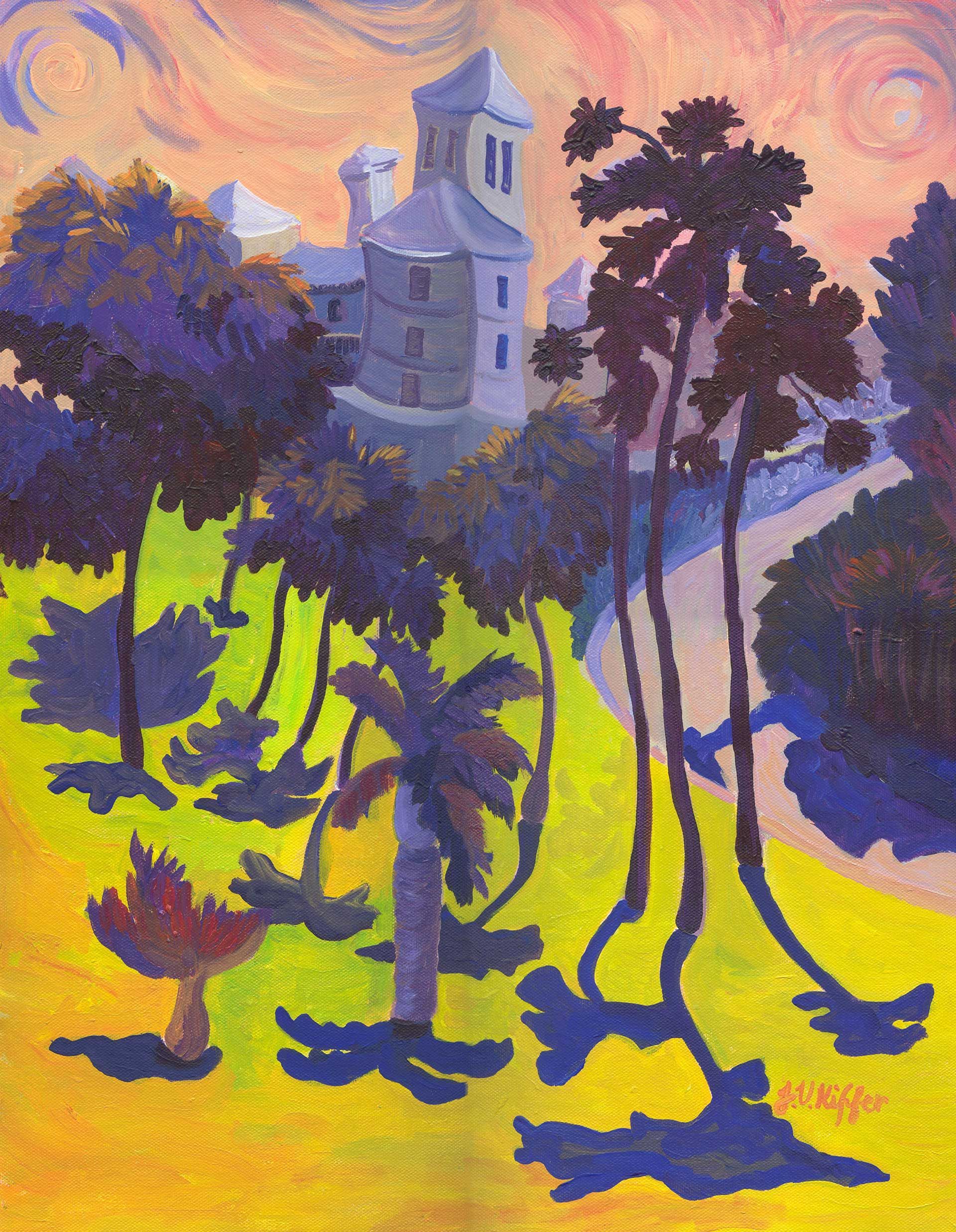 A painting of a Government House, Bermuda, surrounded by palm trees