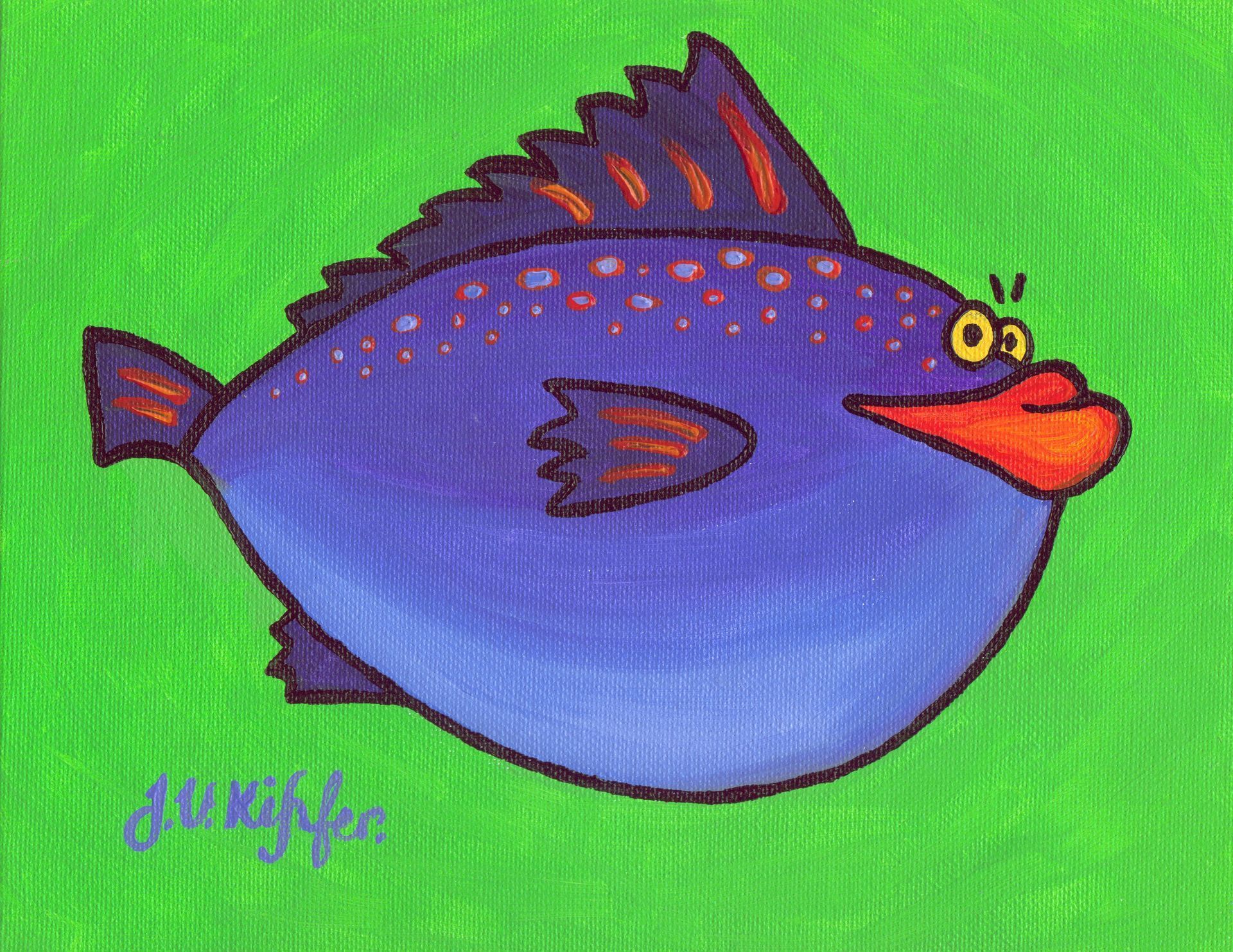 A cartoon drawing of a blue fish with an orange beak
