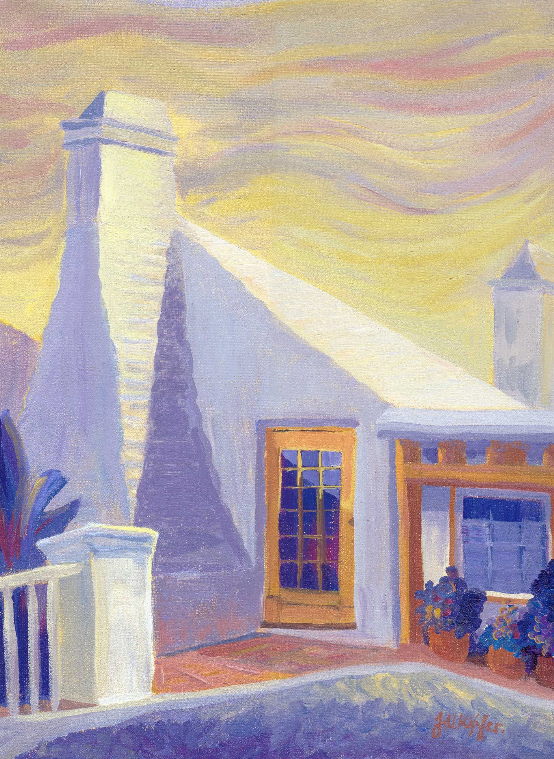 A painting of a white house with a chimney