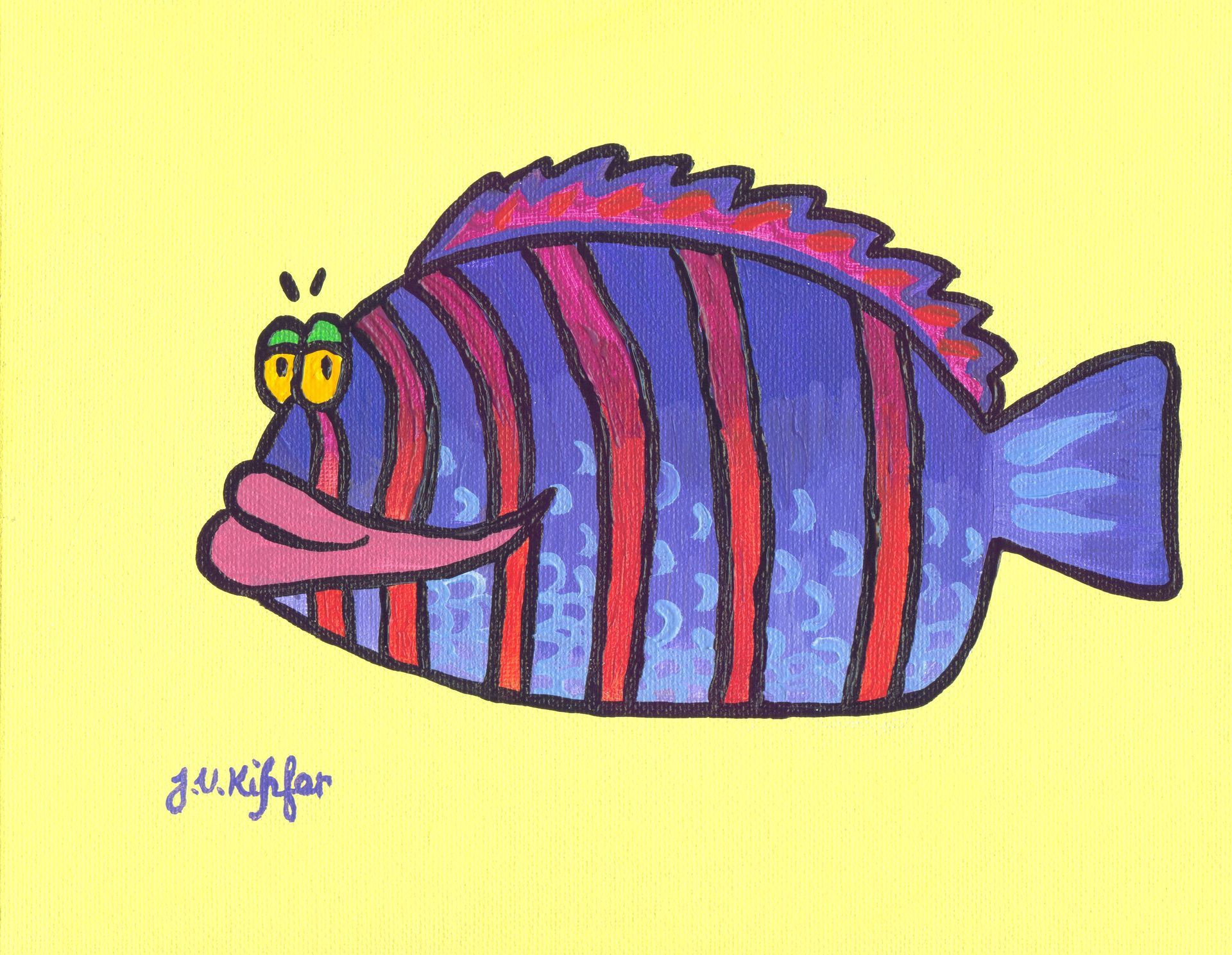 Cartoon of a blue and red striped fish with a long pink tongue, big eyes, and a fin on a yellow background.