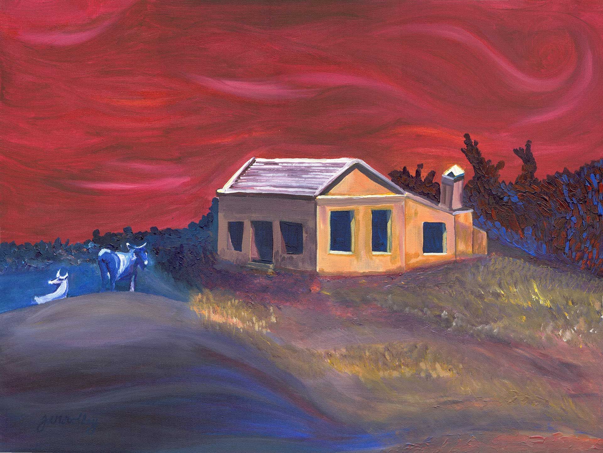 A painting of a house with a red sky in the background