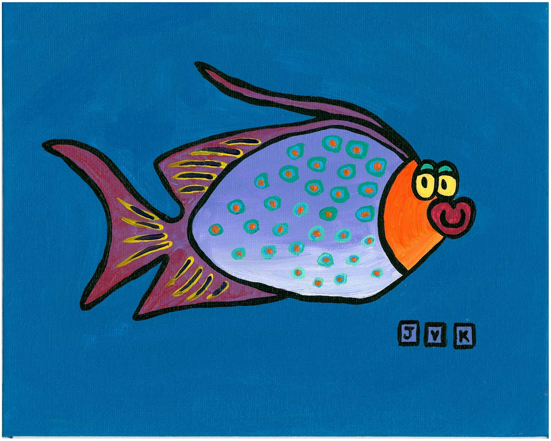 Cartoon fish with a lavender body, orange face, and purple fins, swimming in blue water. The fish has green eyes and puckered lips.