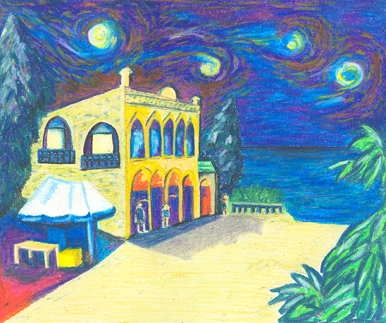 A painting of a building on a beach at night
