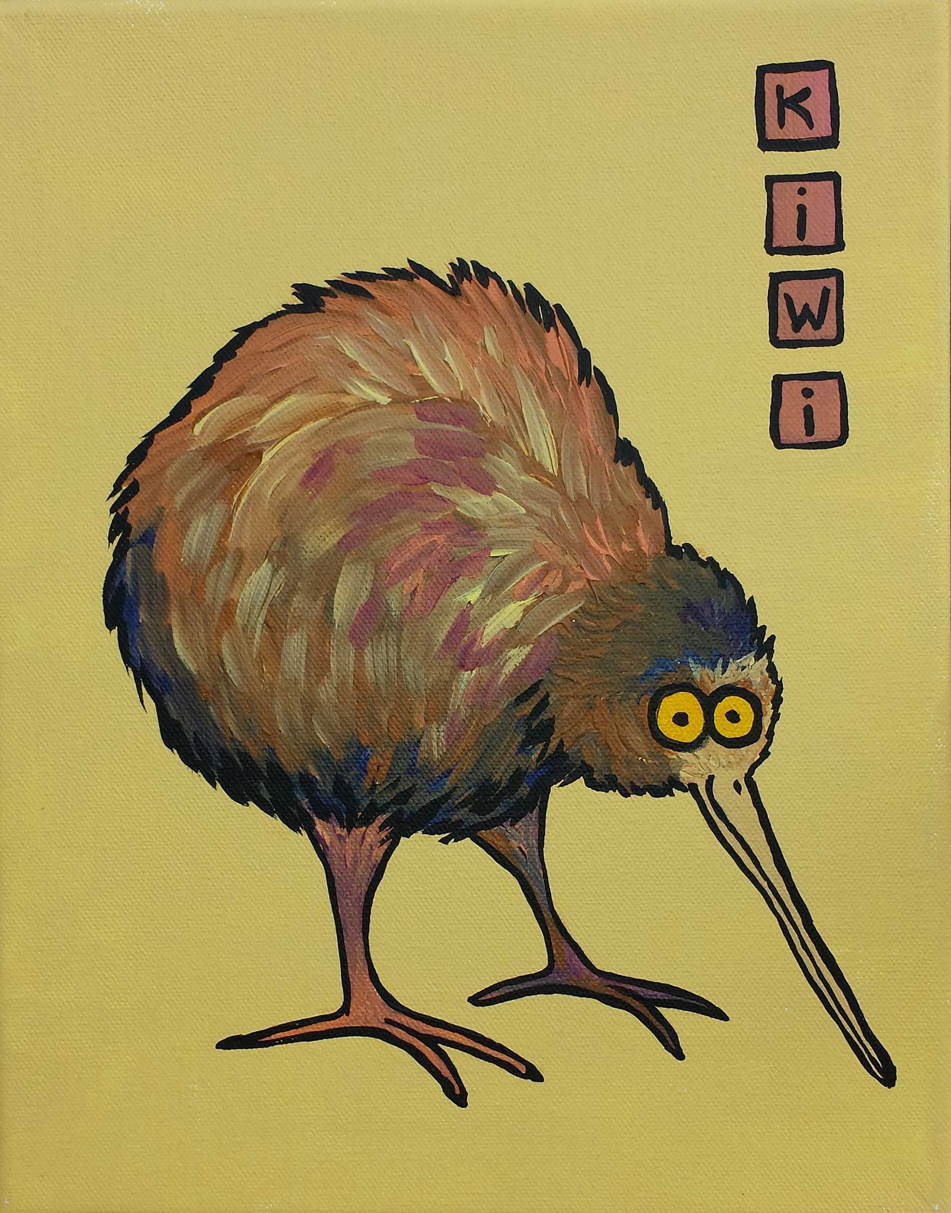 A painting of a kiwi bird with a long beak