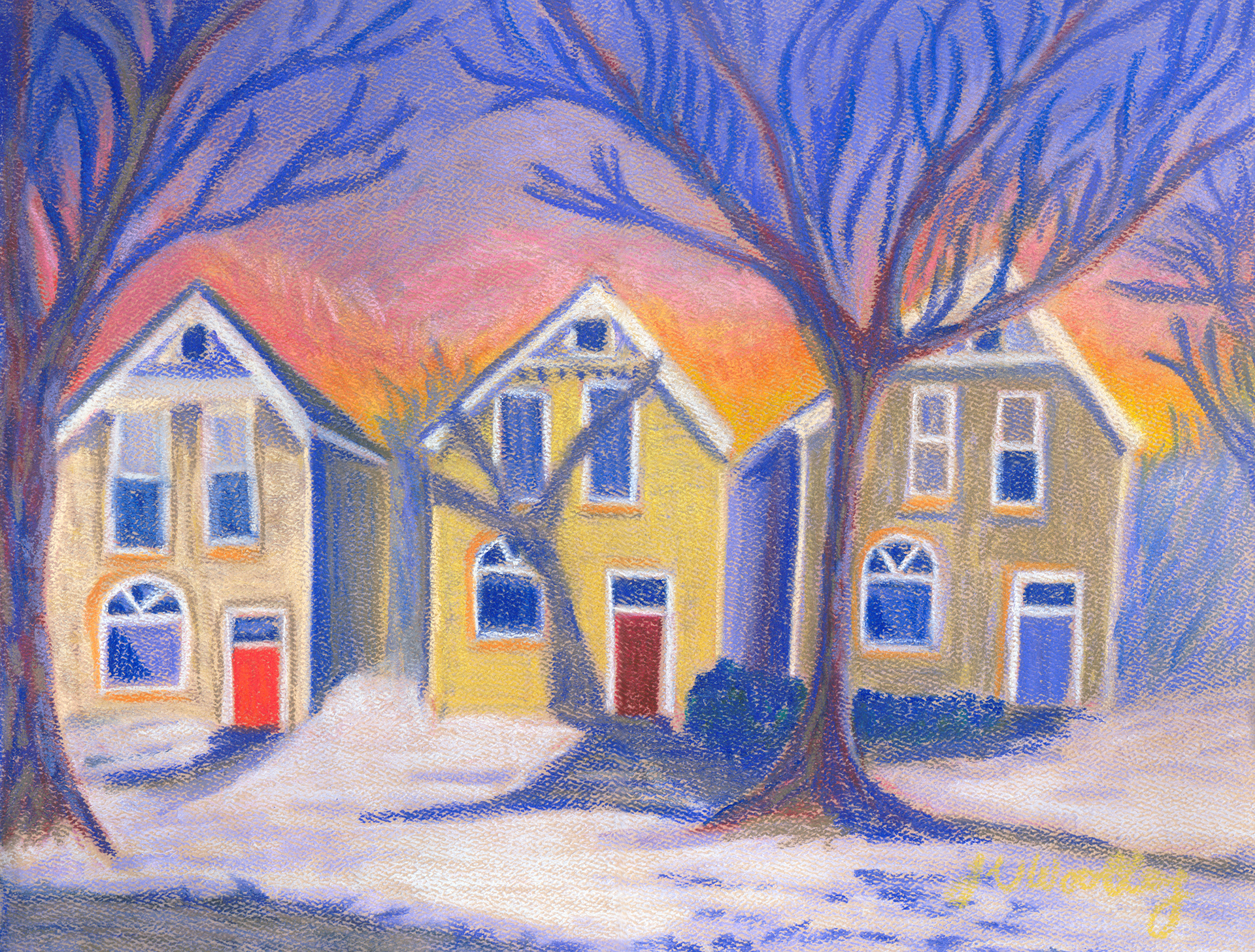 A painting of a row of houses in the snow