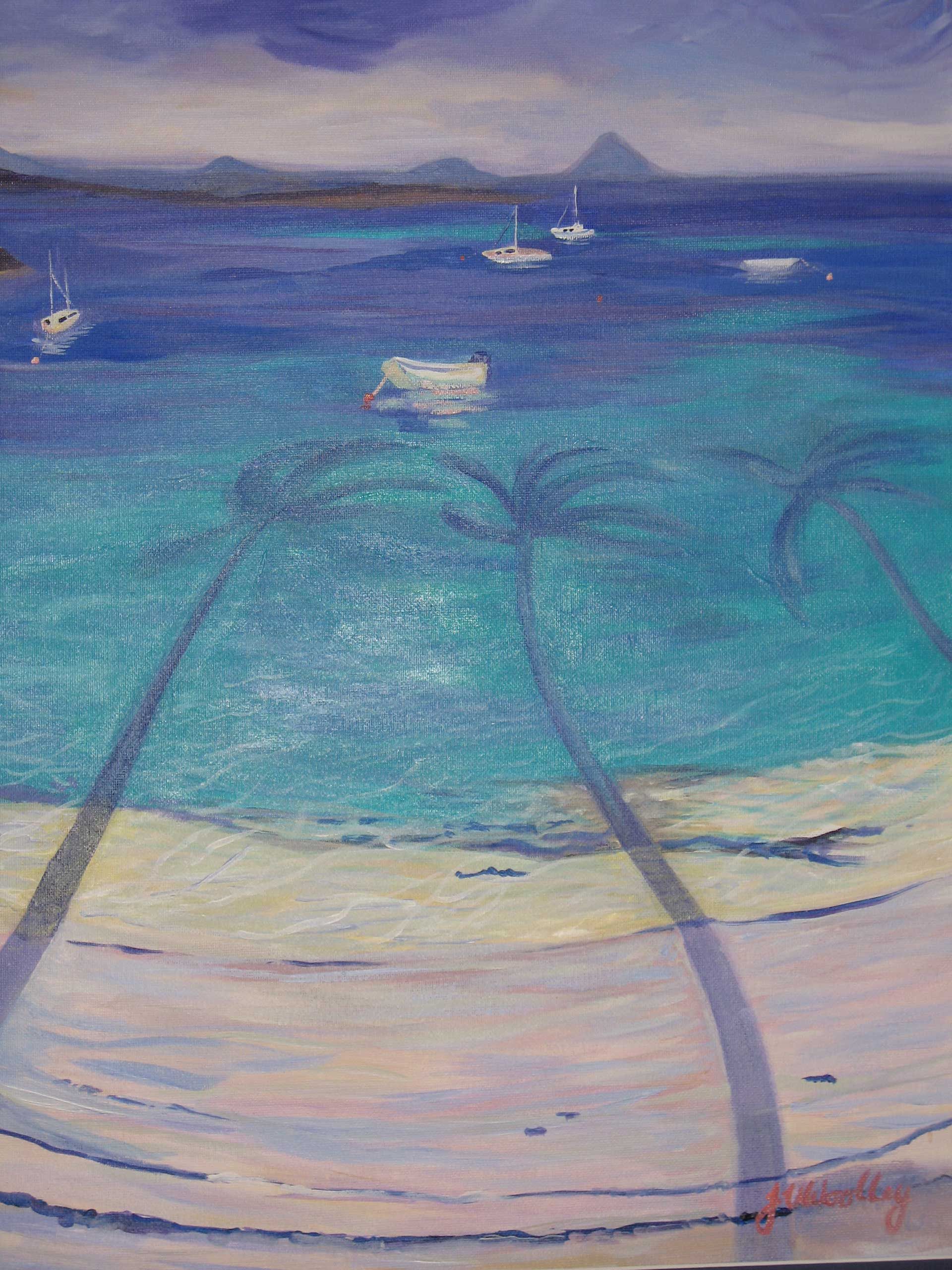 A painting of a beach with palm trees and boats in the ocean.