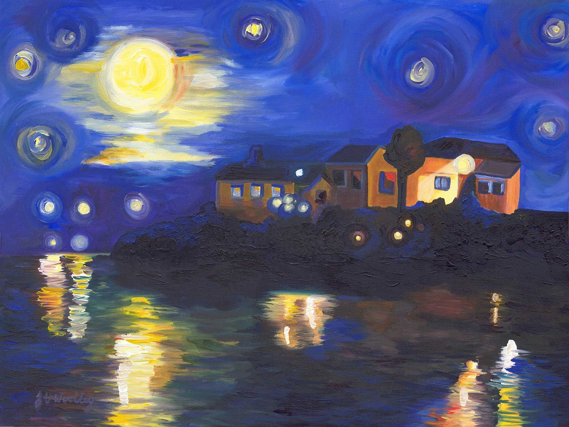 A painting of a village at night with a full moon