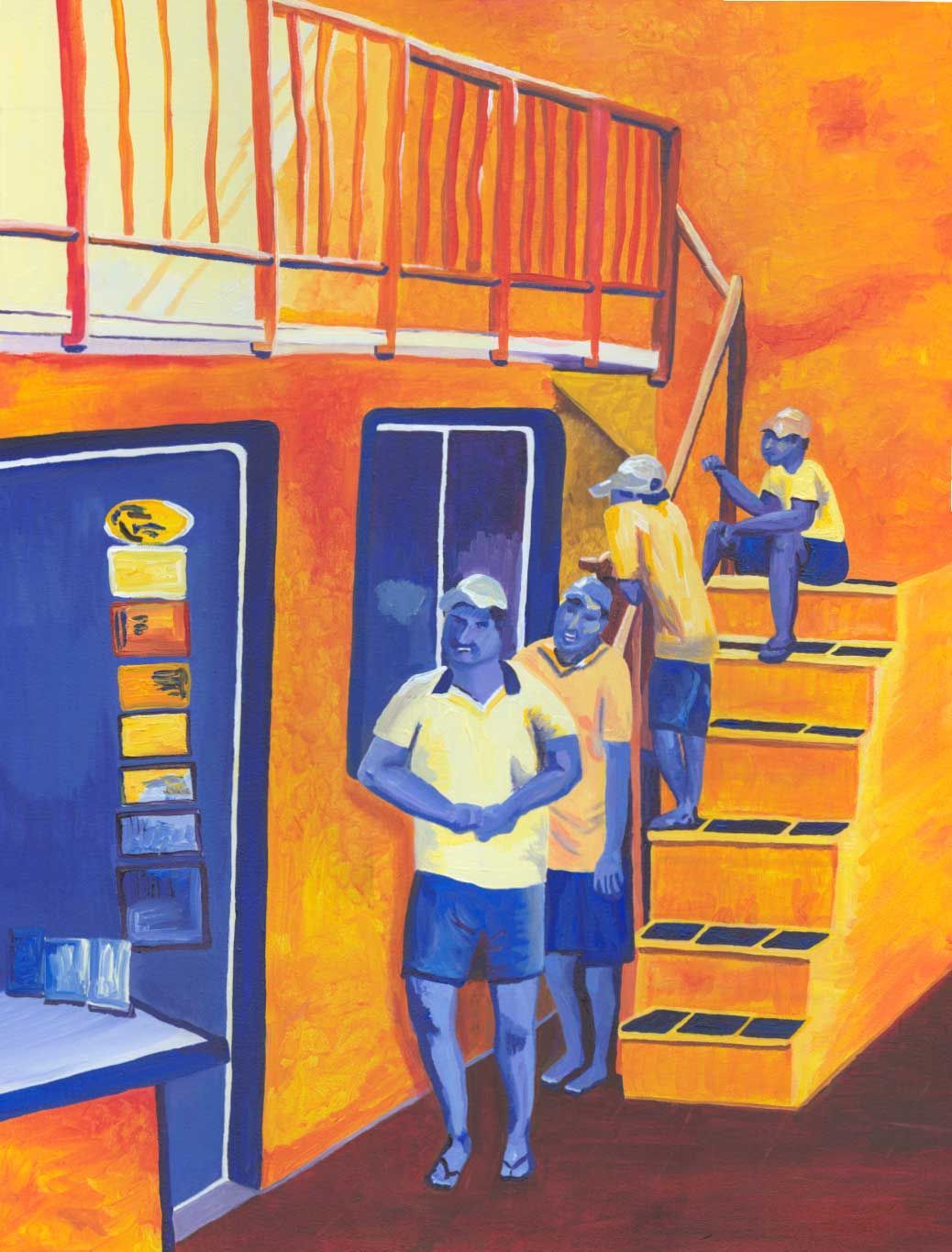 A painting of a group of people standing on stairs