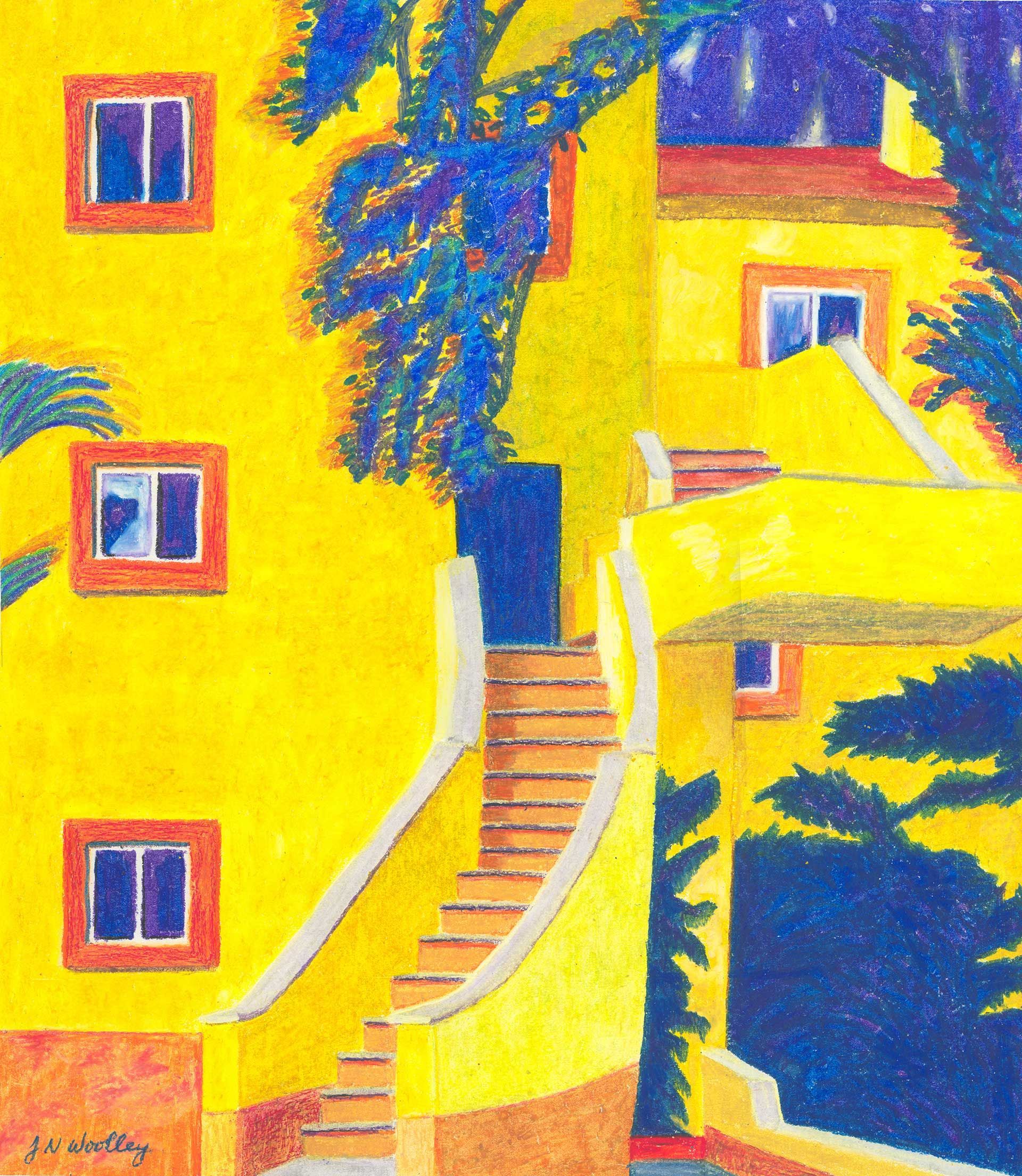A painting of a yellow building with stairs leading up to it