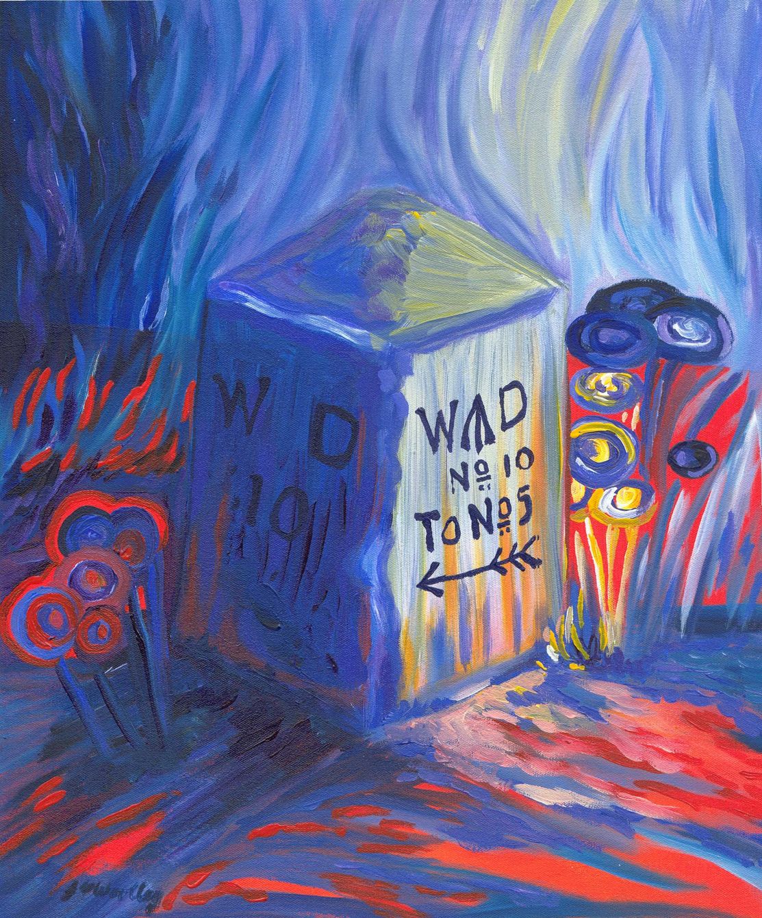 An abstract painting of a weathered roadside marker in shades of blue and red, with faded text and an arrow pointing towards 